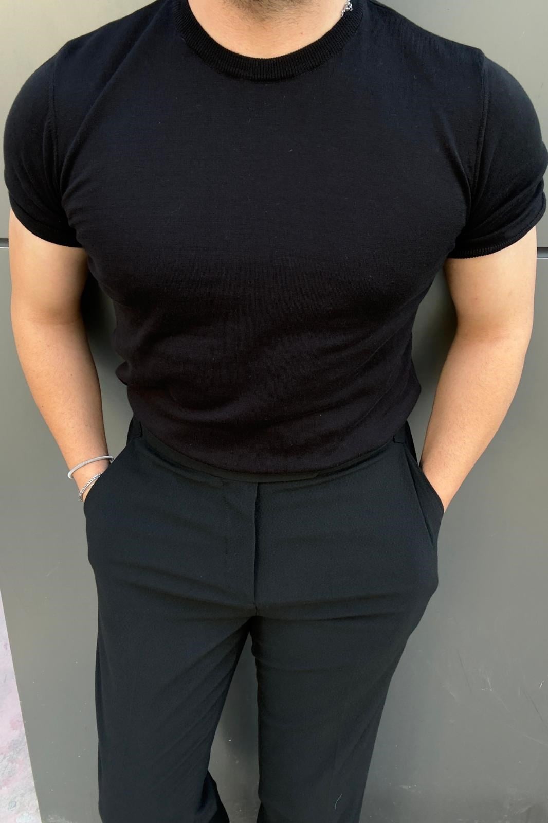 Basic Pamuk Kumaş Bisiklet Yaka Triko Tshirt Siyah