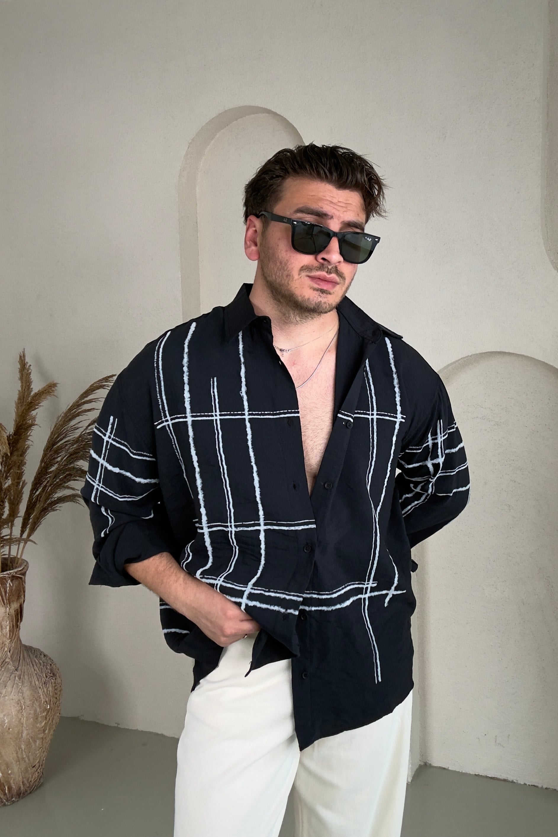 Çizgi Desenli Oversize Tensel Gömlek Siyah