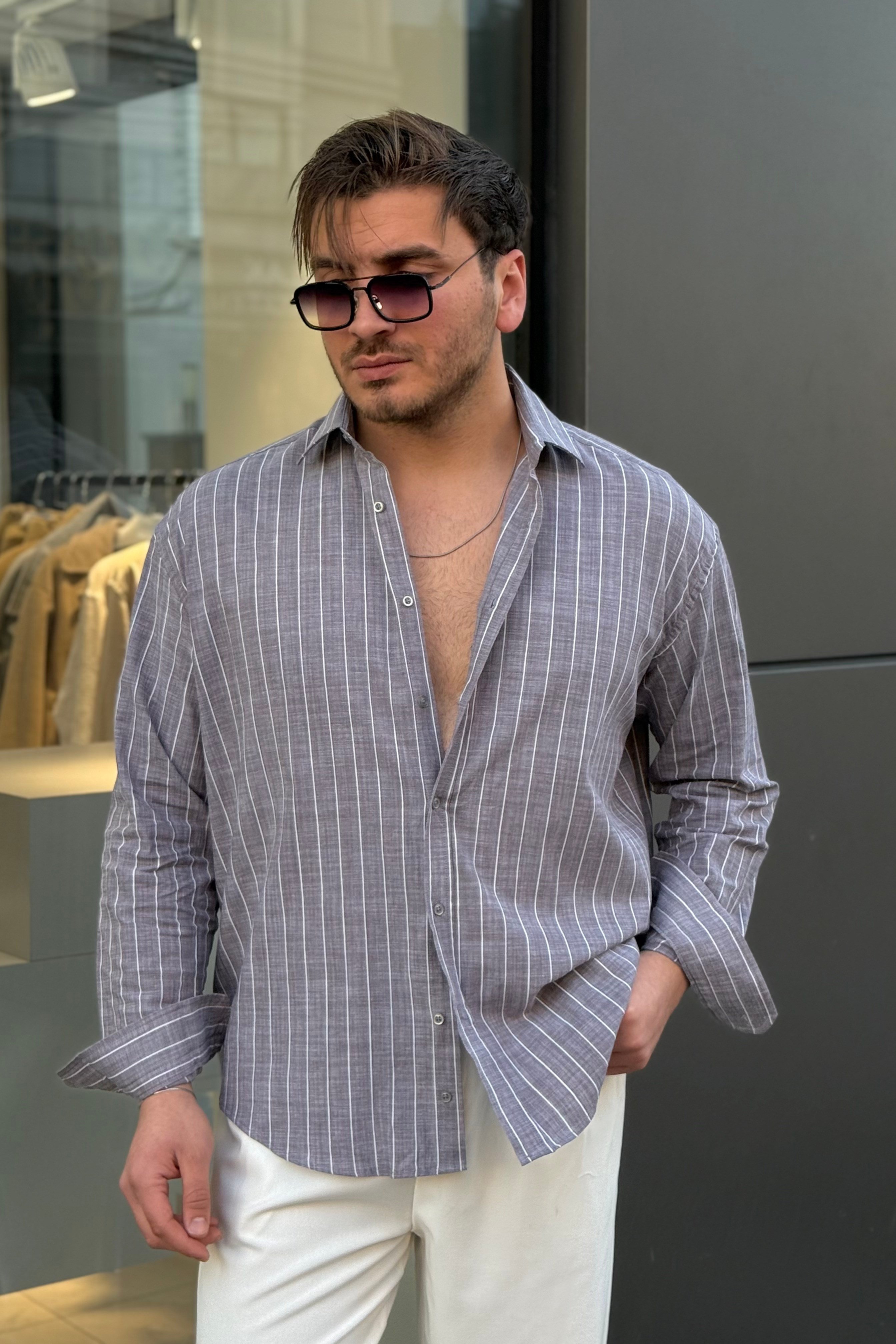 Çizgili Keten Karışımlı Oversize Gömlek Gri