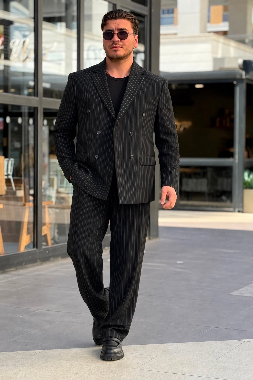 Çizgili Oversize Takım Elbise Siyah