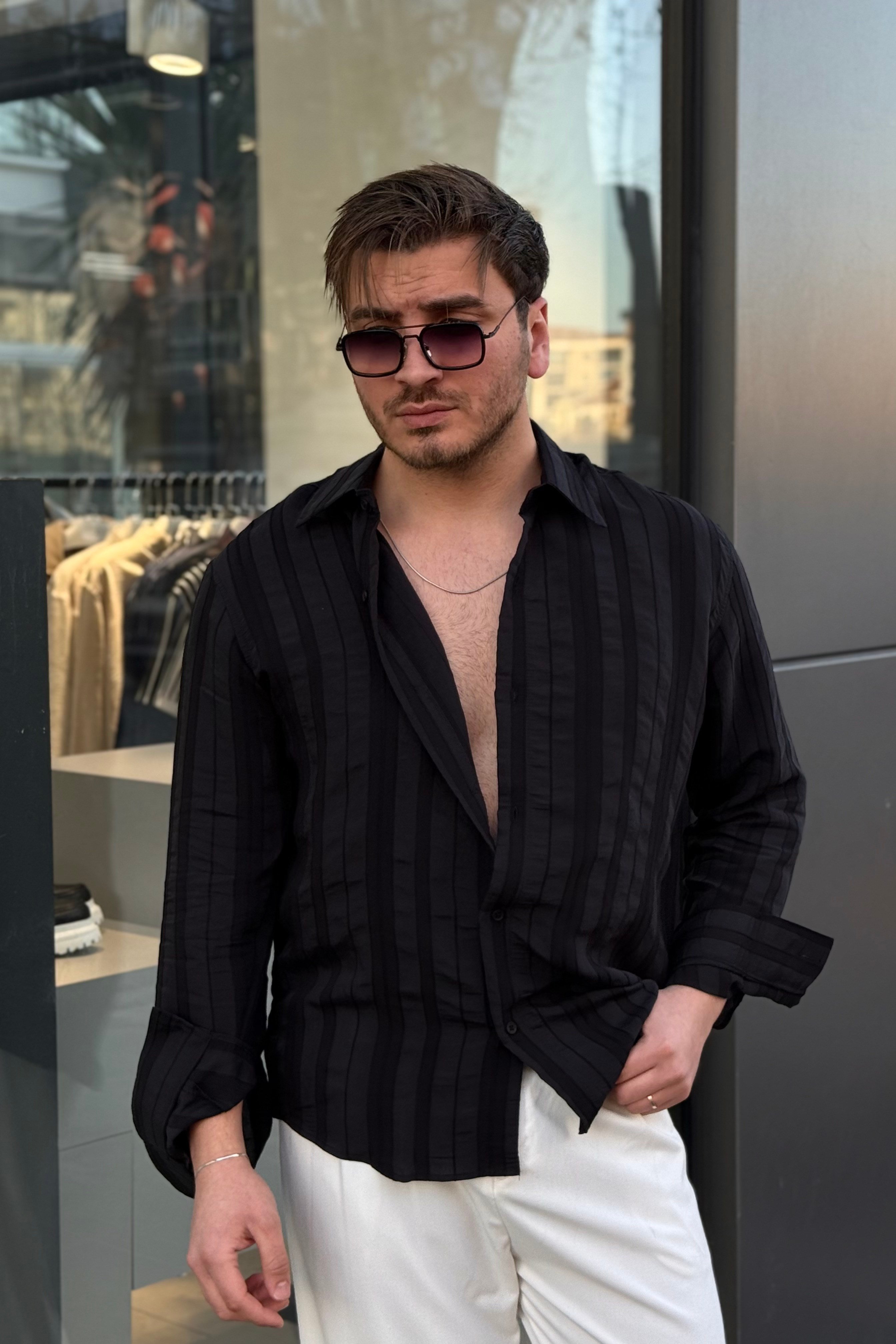 Dökümlü Şeritli Oversize Gömlek Siyah
