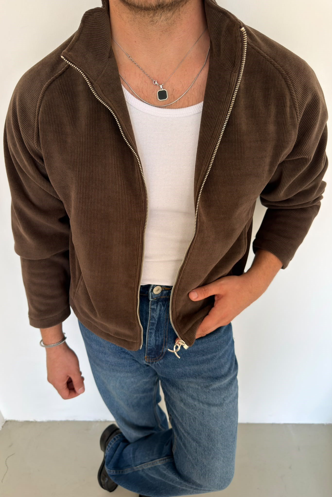 Fermuarlı Hafif Oversize Hırka Kahve