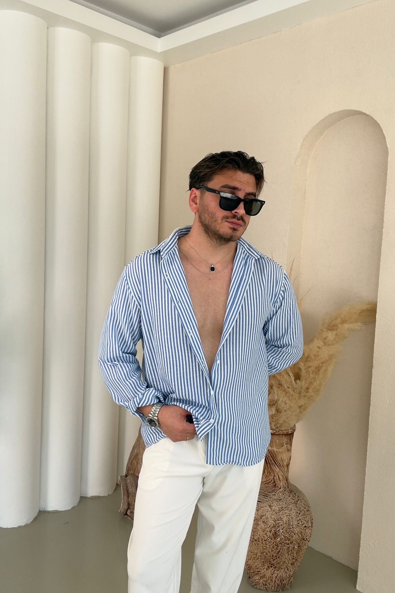 İnce Kumaş Yaka Düğmeli Oversize Çizgili Gömlek Mavi