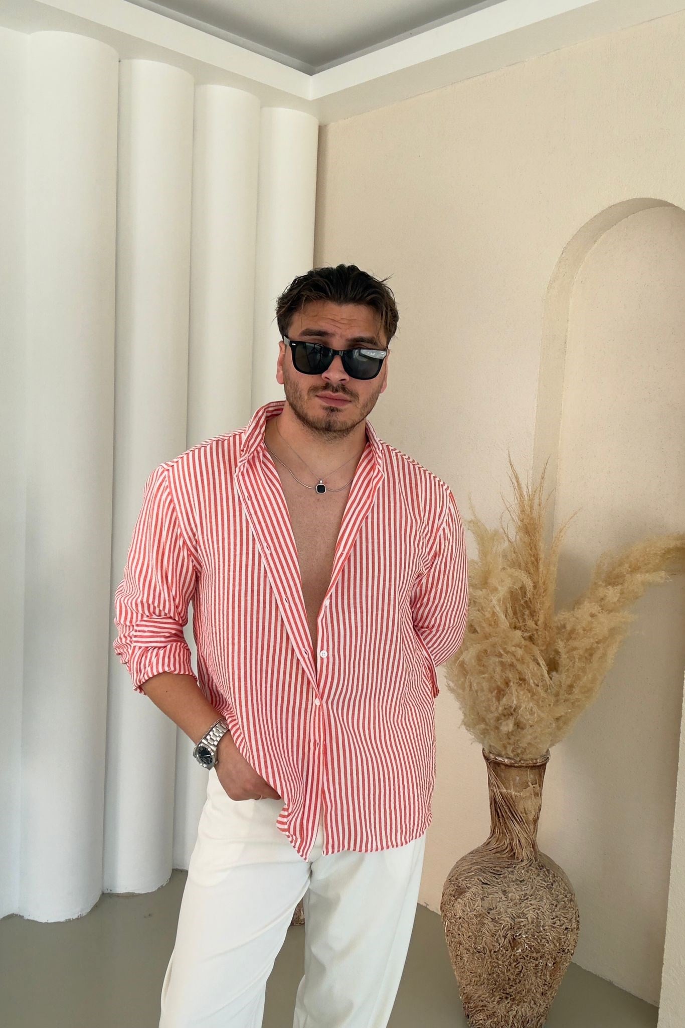 İnce Kumaş Yaka Düğmeli Oversize Çizgili Gömlek Turuncu