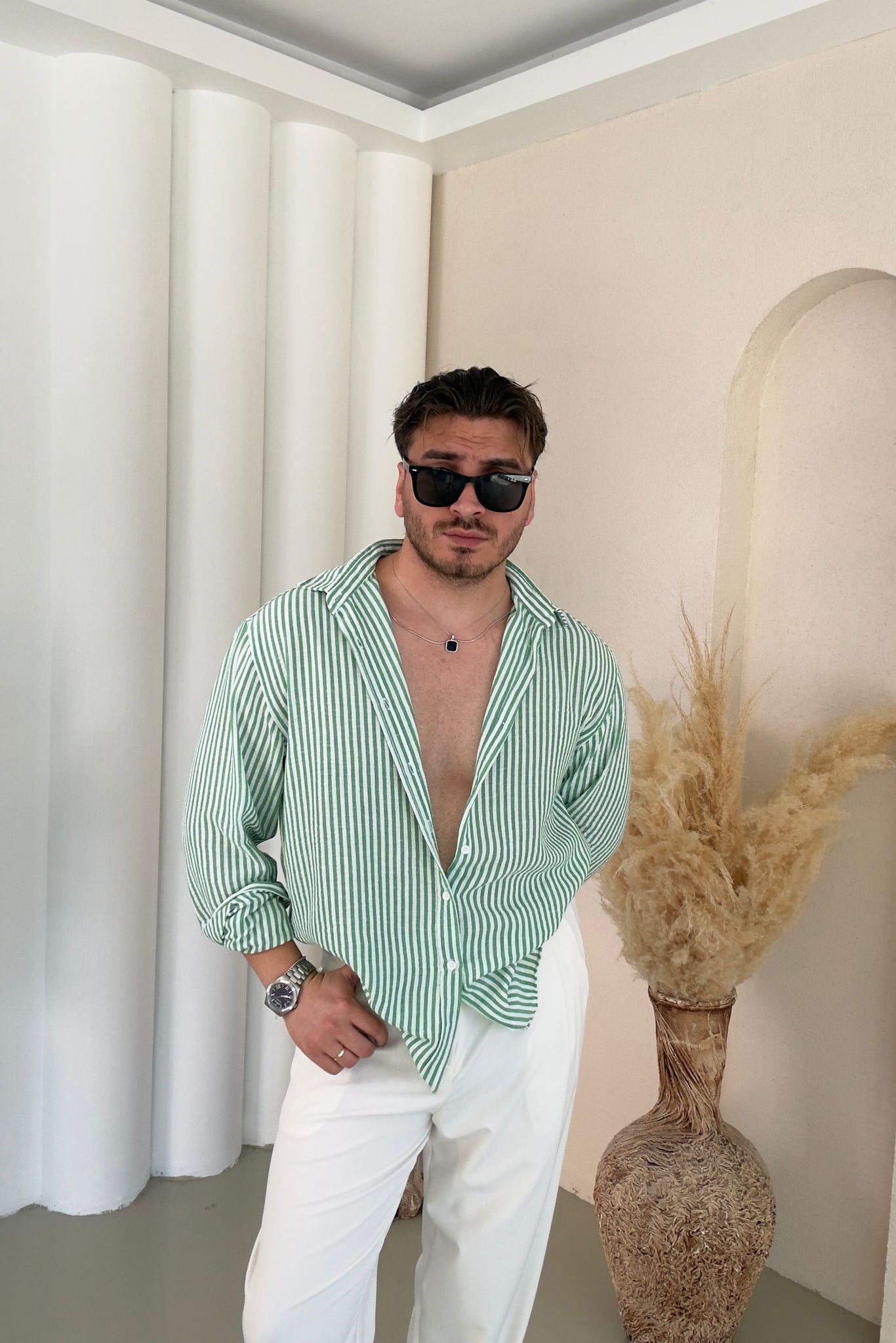 İnce Kumaş Yaka Düğmeli Oversize Çizgili Gömlek Yeşil