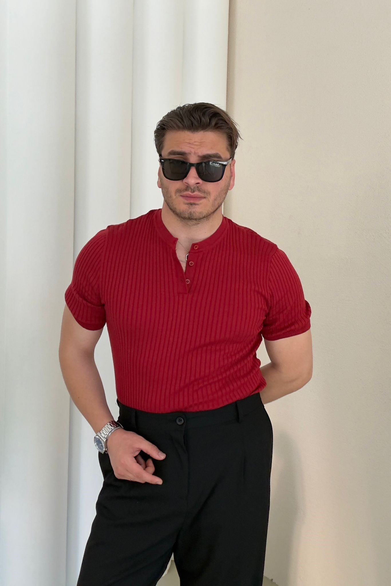 Kendinden Çizgili Yaka Düğmeli Triko Tshirt KIRMIZI