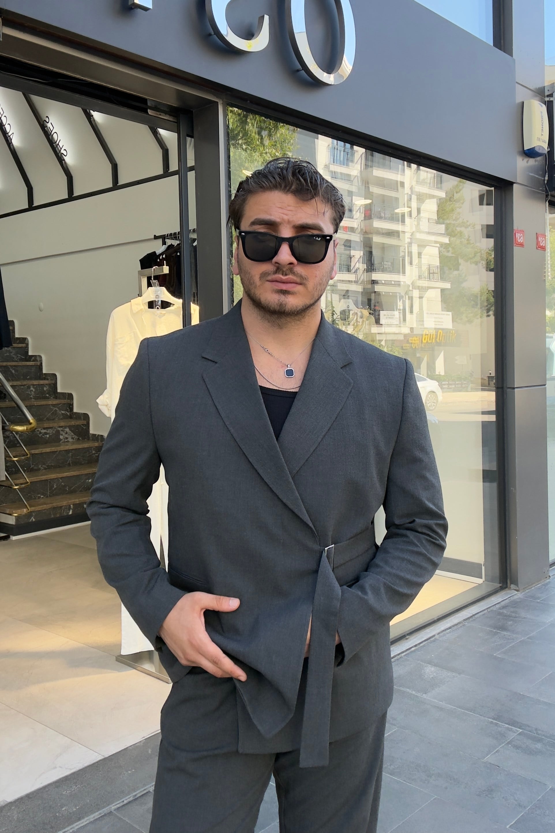 Kendinden Kuşaklı Takım Elbise Antrasit
