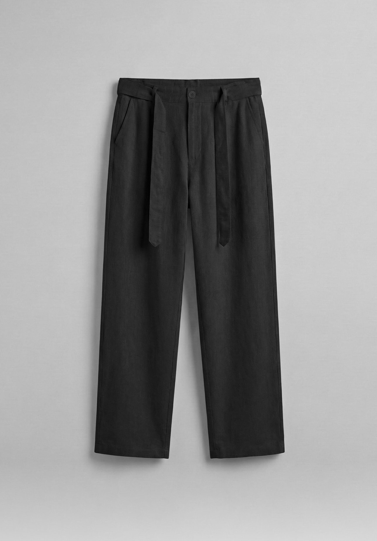 Kuşaklı Keten Baggy Pantolon Siyah