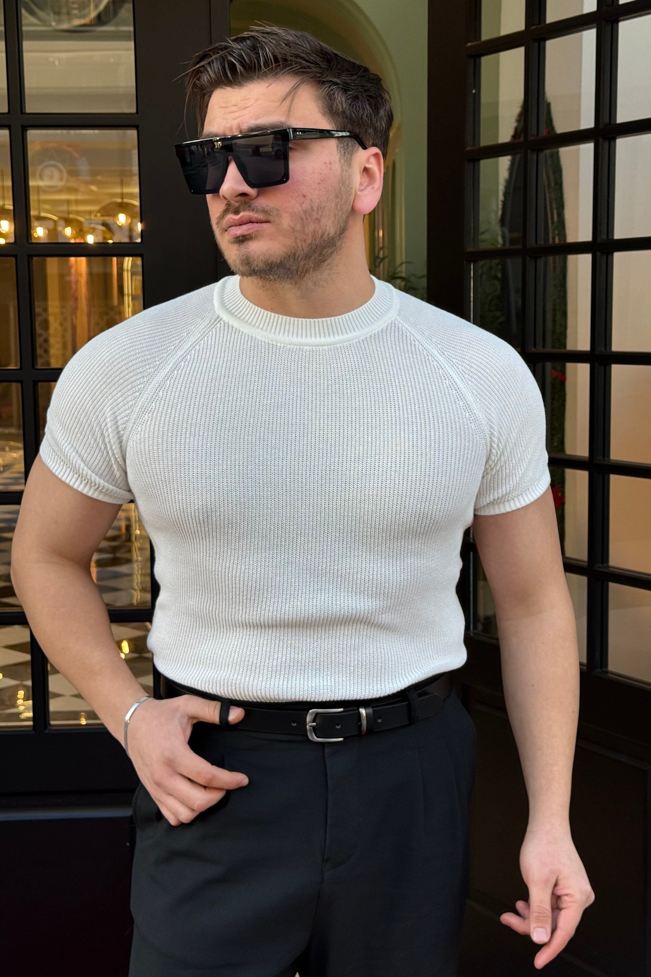 Omuz Detaylı Basic Triko Tshirt Beyaz