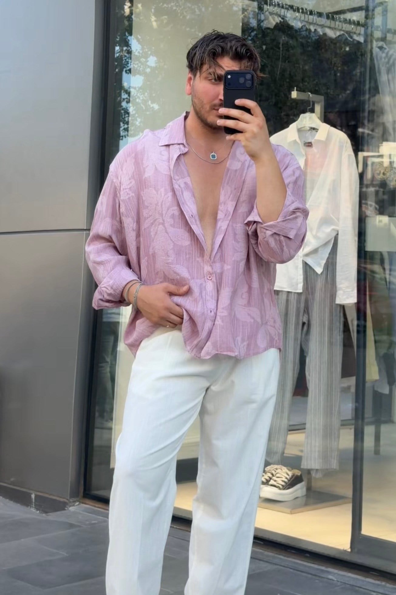 Oversize Desenli Gömlek Gül Kurusu