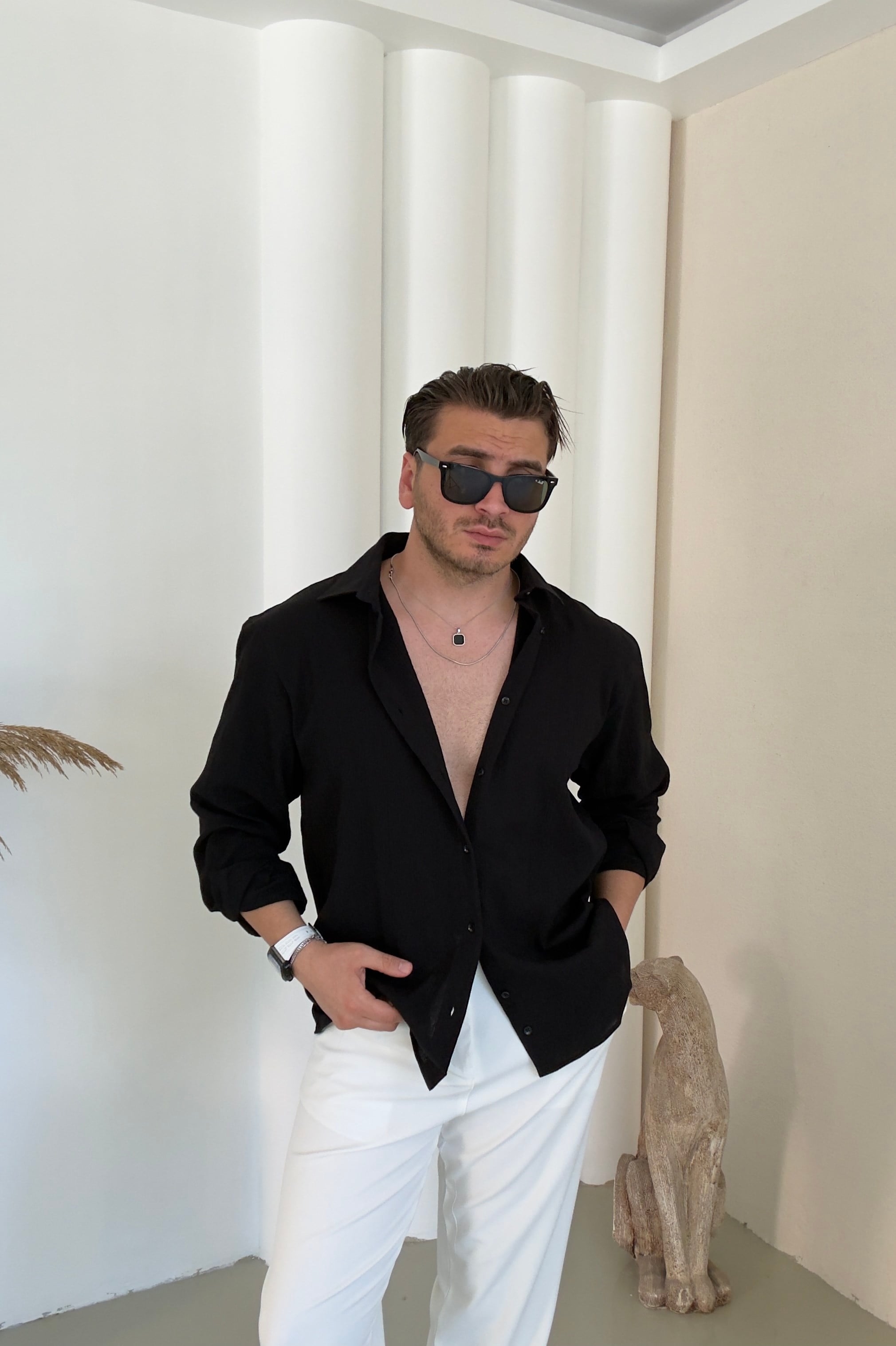 Pamuk Kumaş Regular Fit Kendinden Çizgili Gömlek Siyah