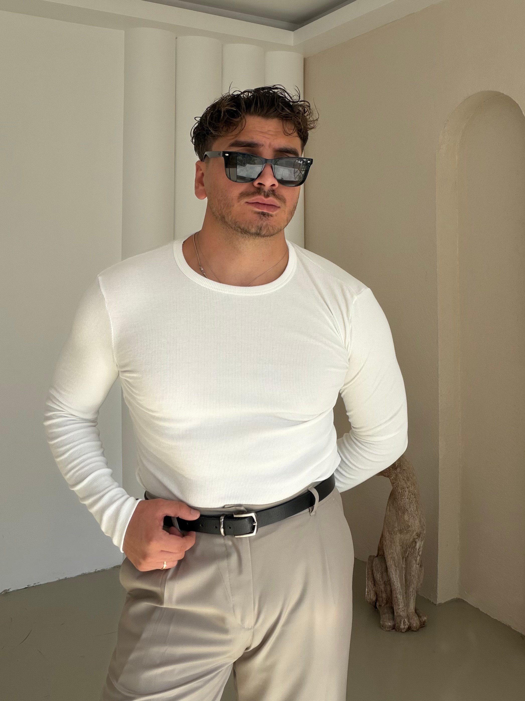 Slimfit Çizgili İnce Sweatshirt Beyaz