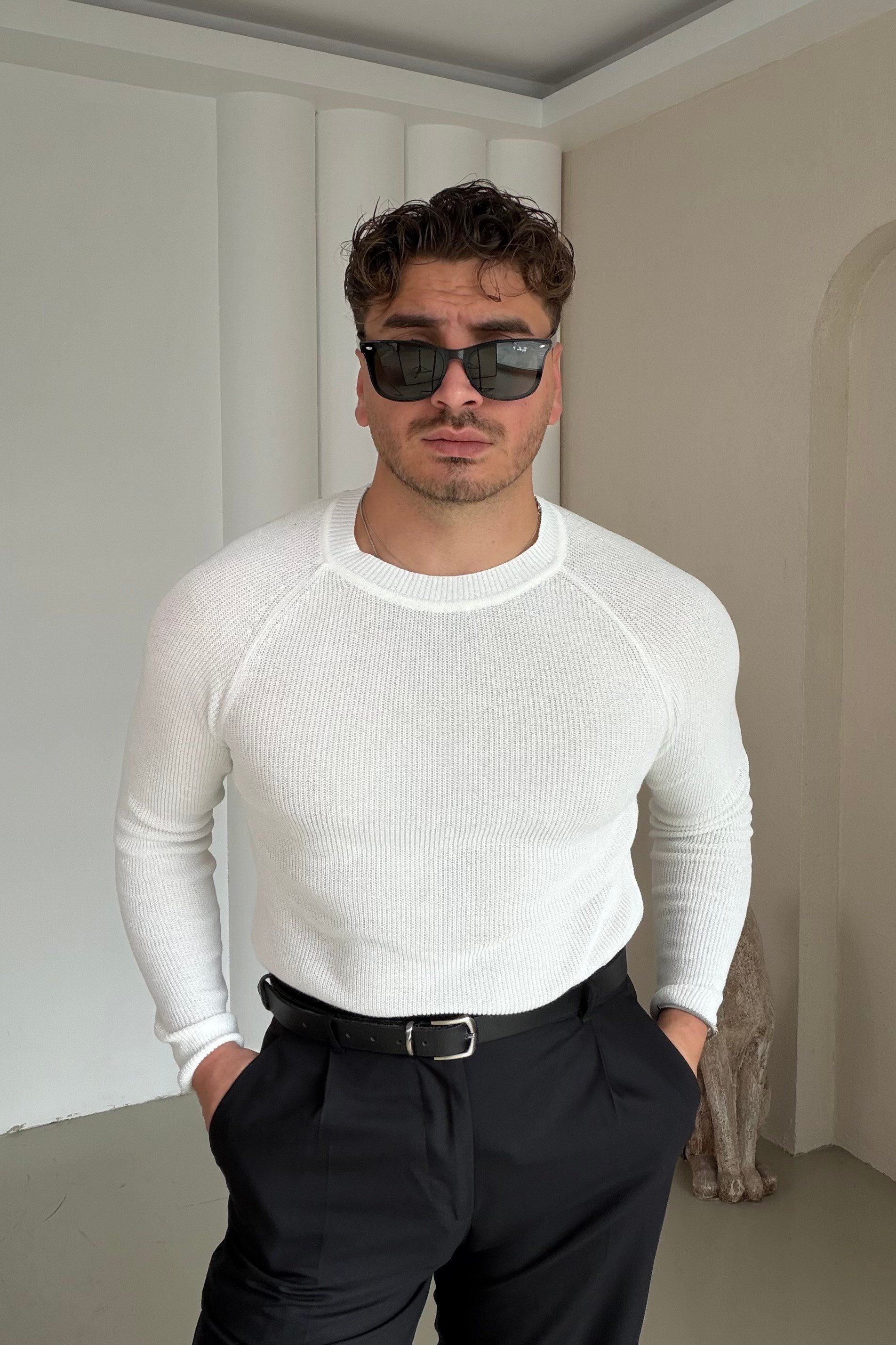Slimfit Örme Kazak Beyaz