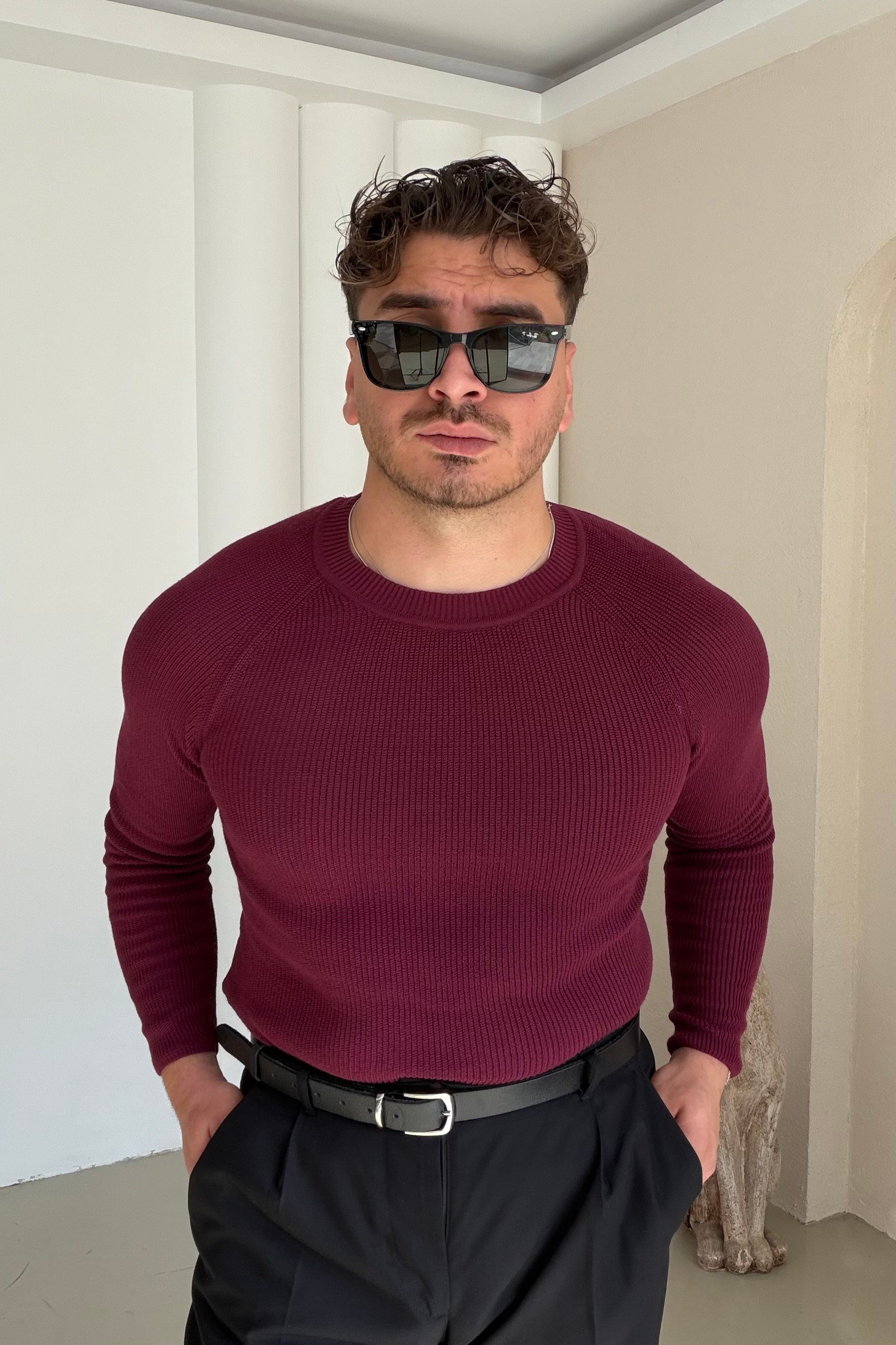 Slimfit Örme Kazak Bordo