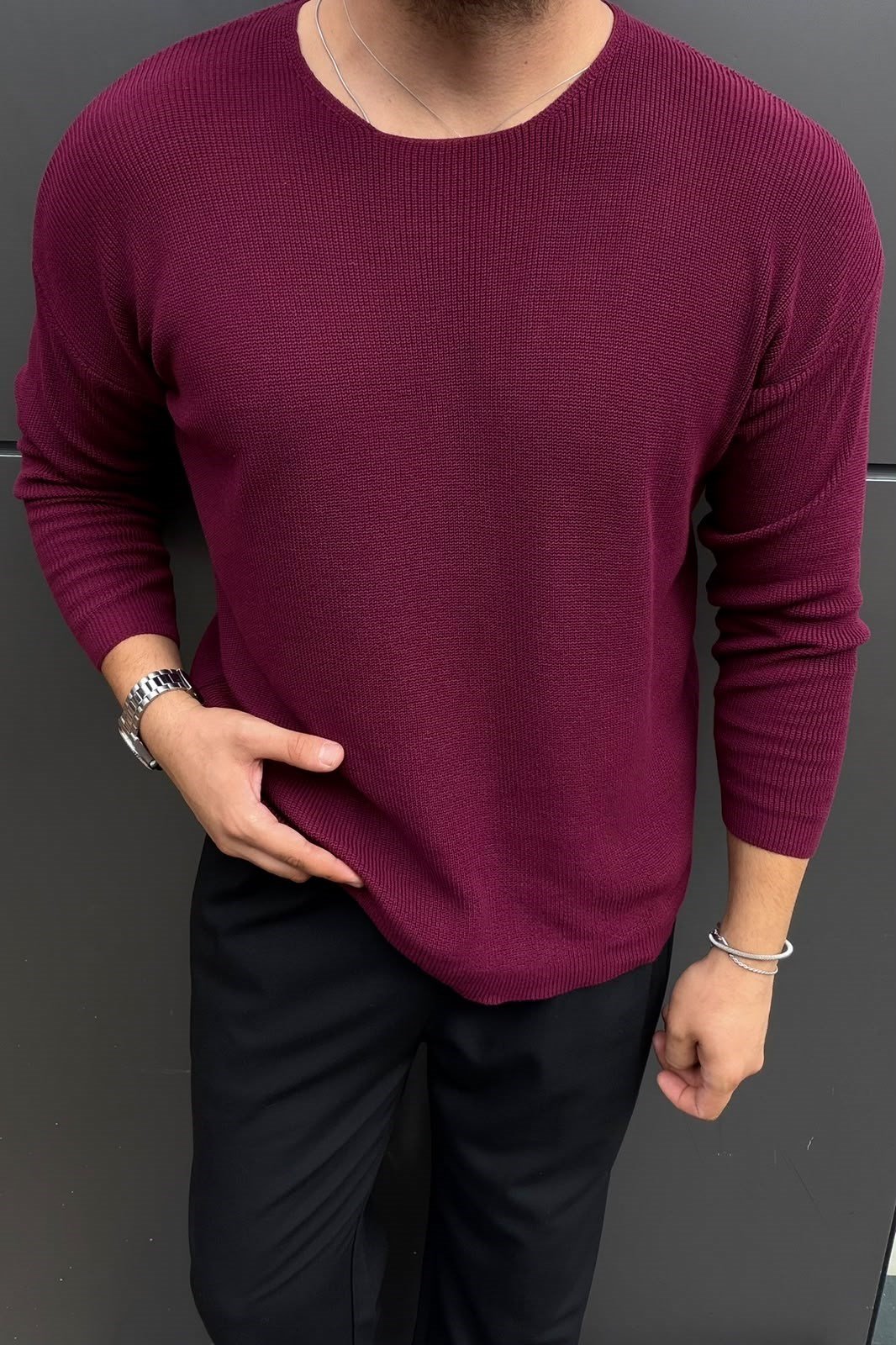 Yaka Detay İnce Oversize Kazak Bordo