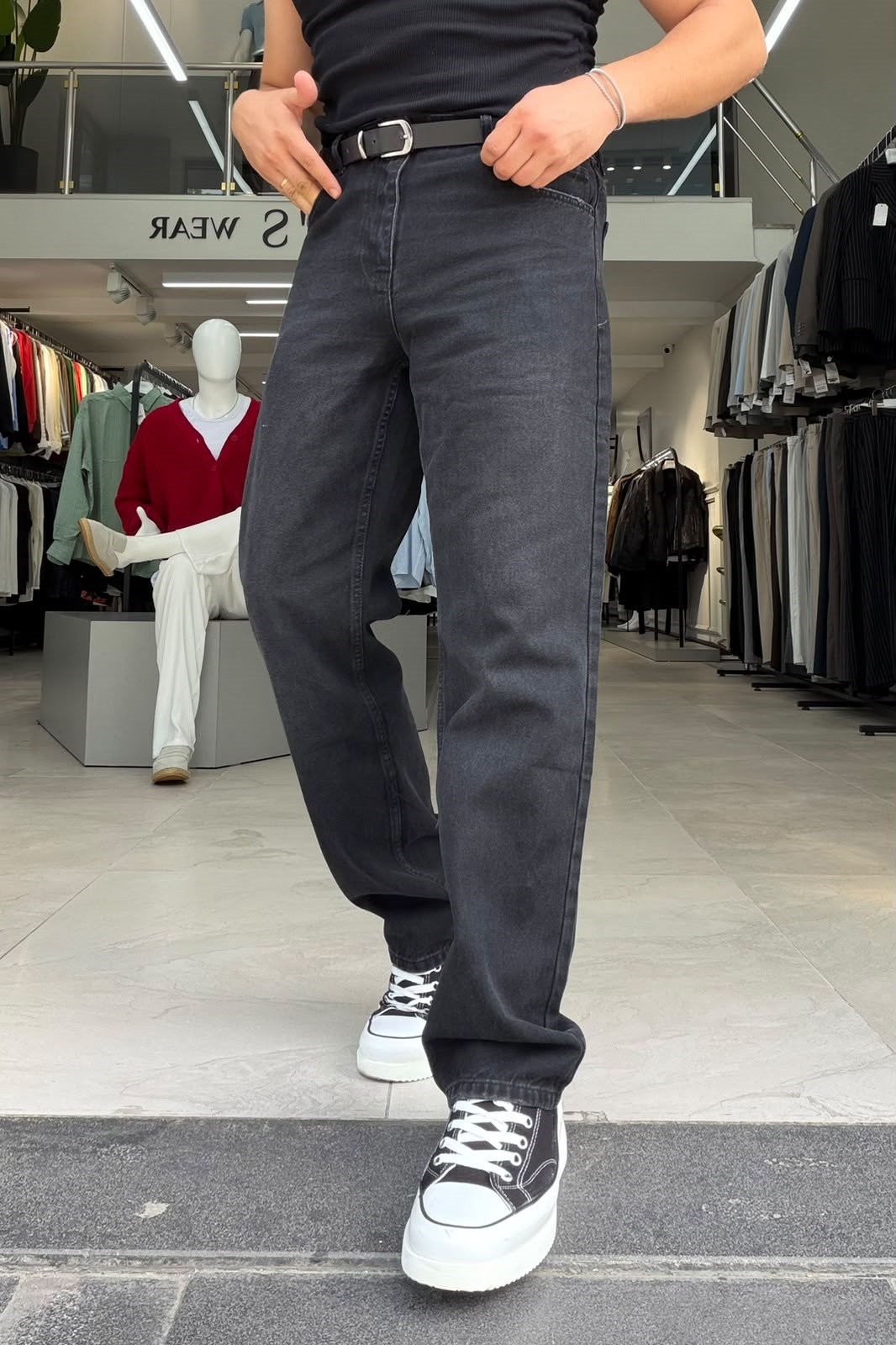 Yıkamalı Baggy Jean Pantolon Siyah