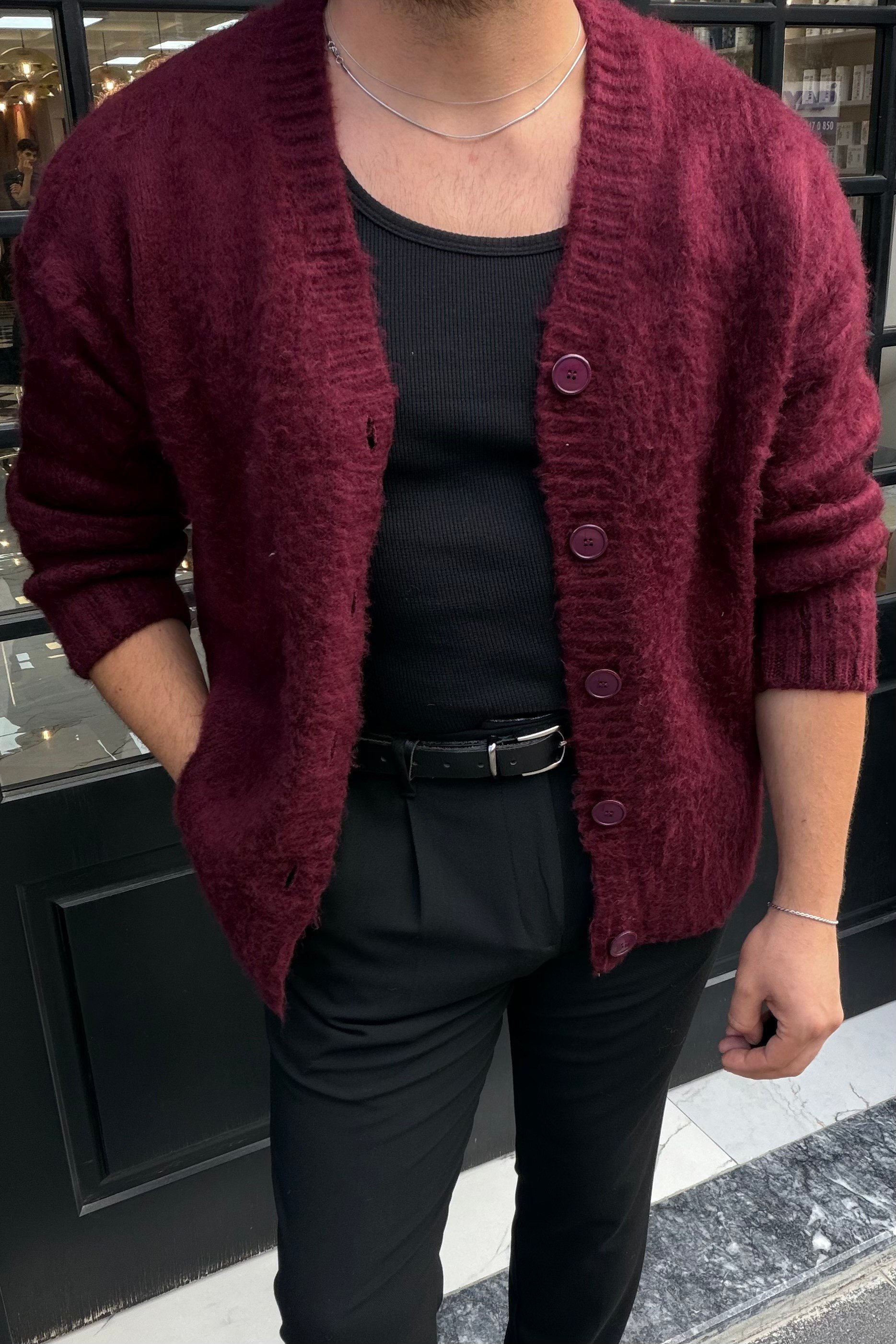 Yün Görünümlü Oversize Düğmeli Hırka Mürdüm