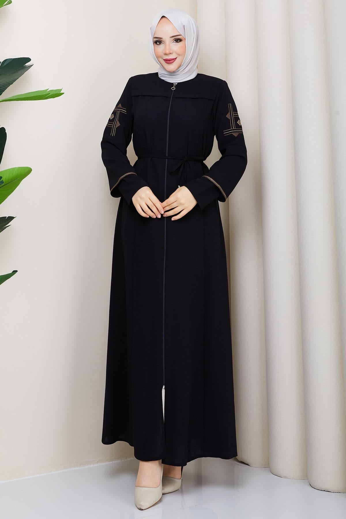 Bağcıklı Kolu Nakışlı Ferace Siyah HM2854