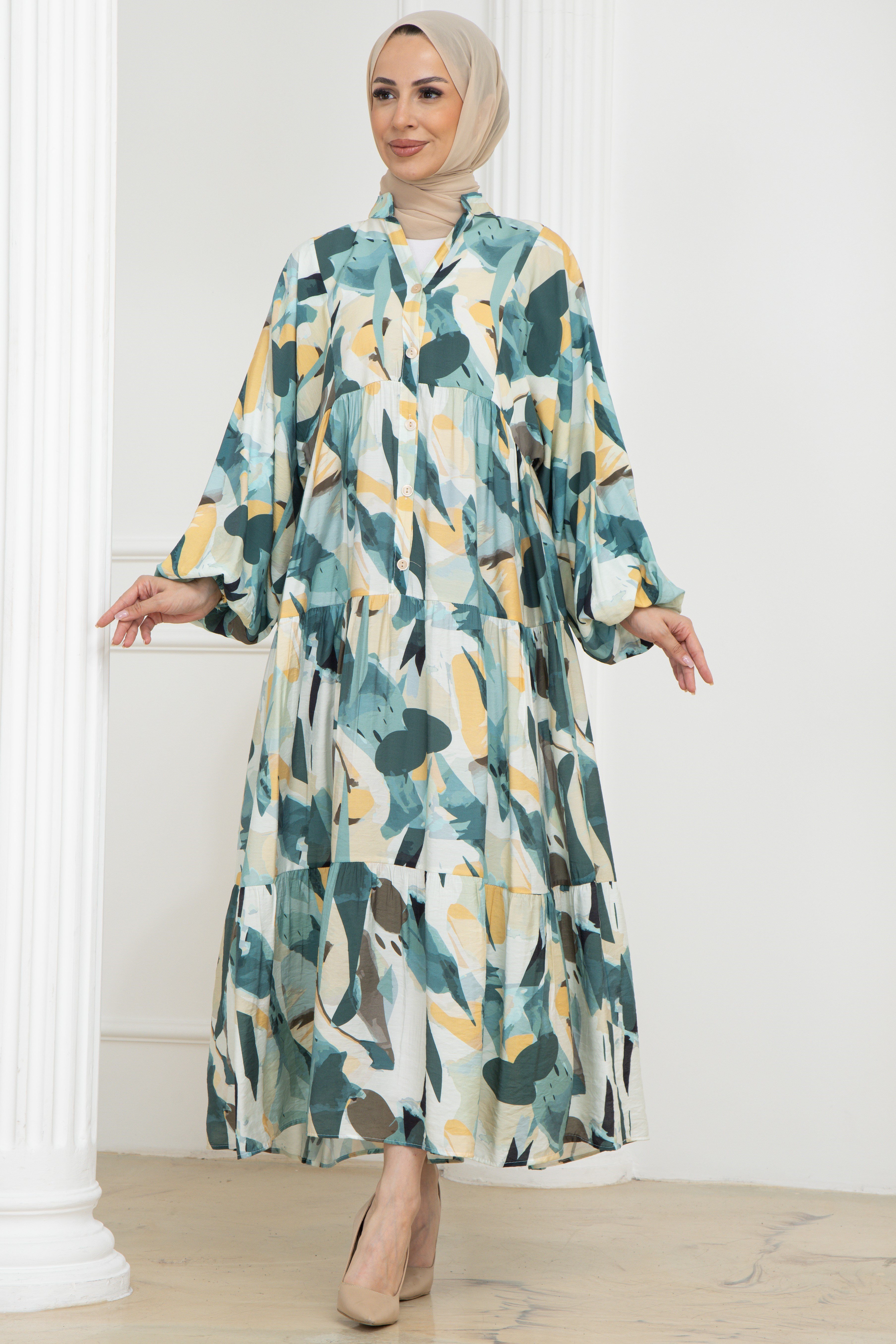 Desenli Modal Elbise - Yeşil