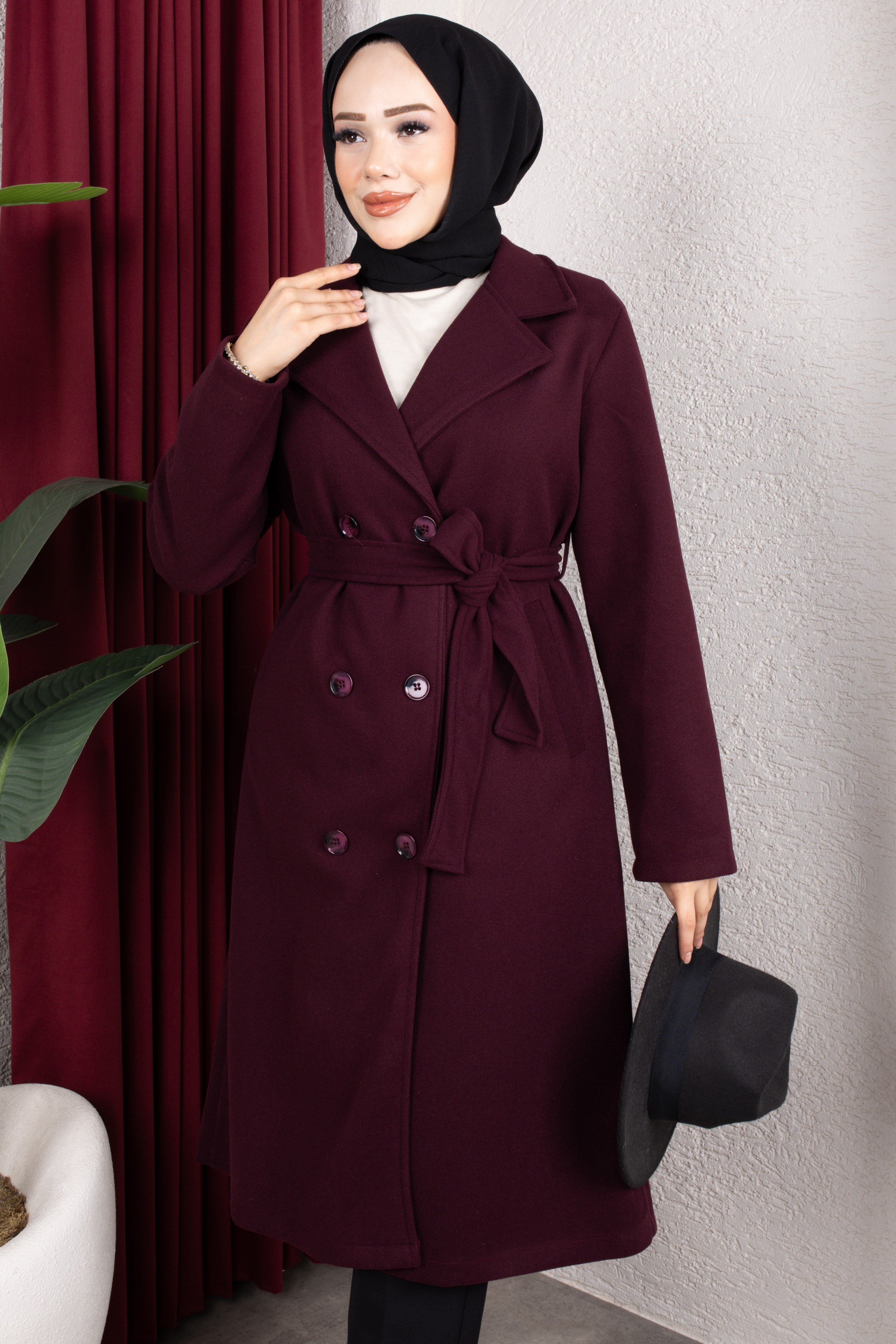 Kruvaze Yaka Kemerli Önü Düğmeli Kaşe Kaban 110cm - Bordo