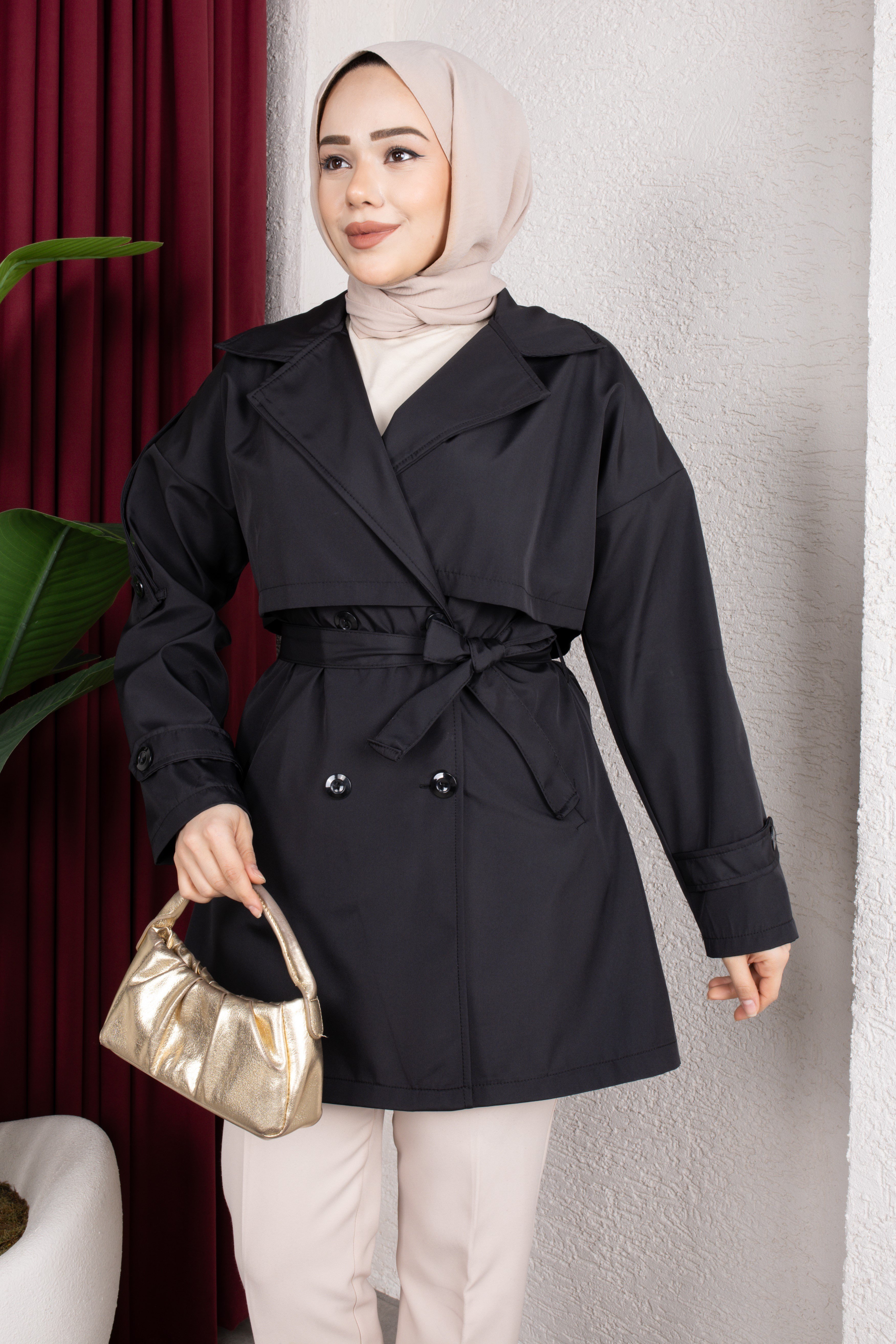 Trençkot Kemerli Apolet Detaylı Astarsız Trençkot Tesettür Trençkot (85cm) - Siyah