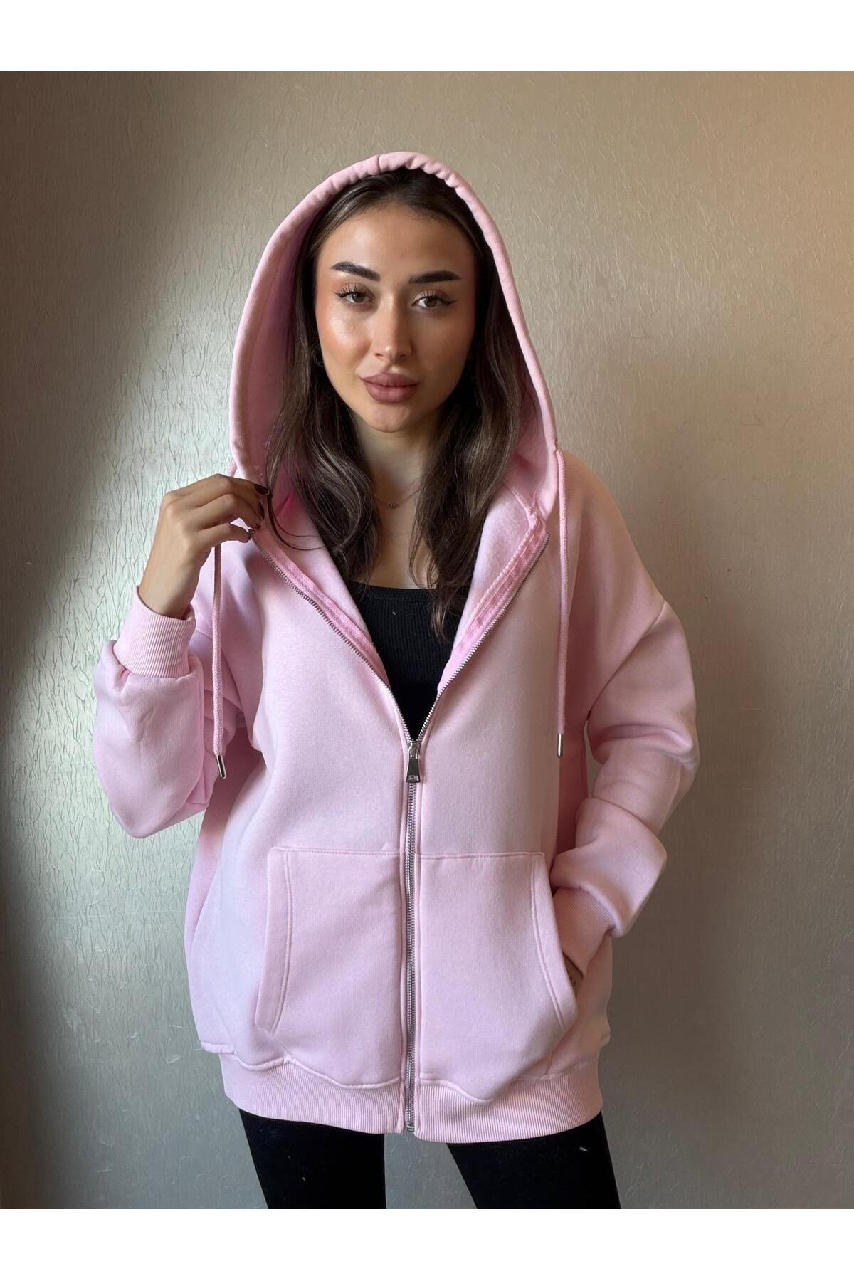3 İplik Şardonlu Kapüşonlu Oversize Sweatshirt