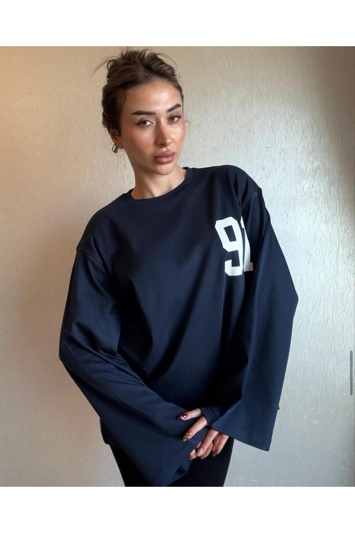 91 Baskılı Oversize Uzun Kollu Sweatshirt