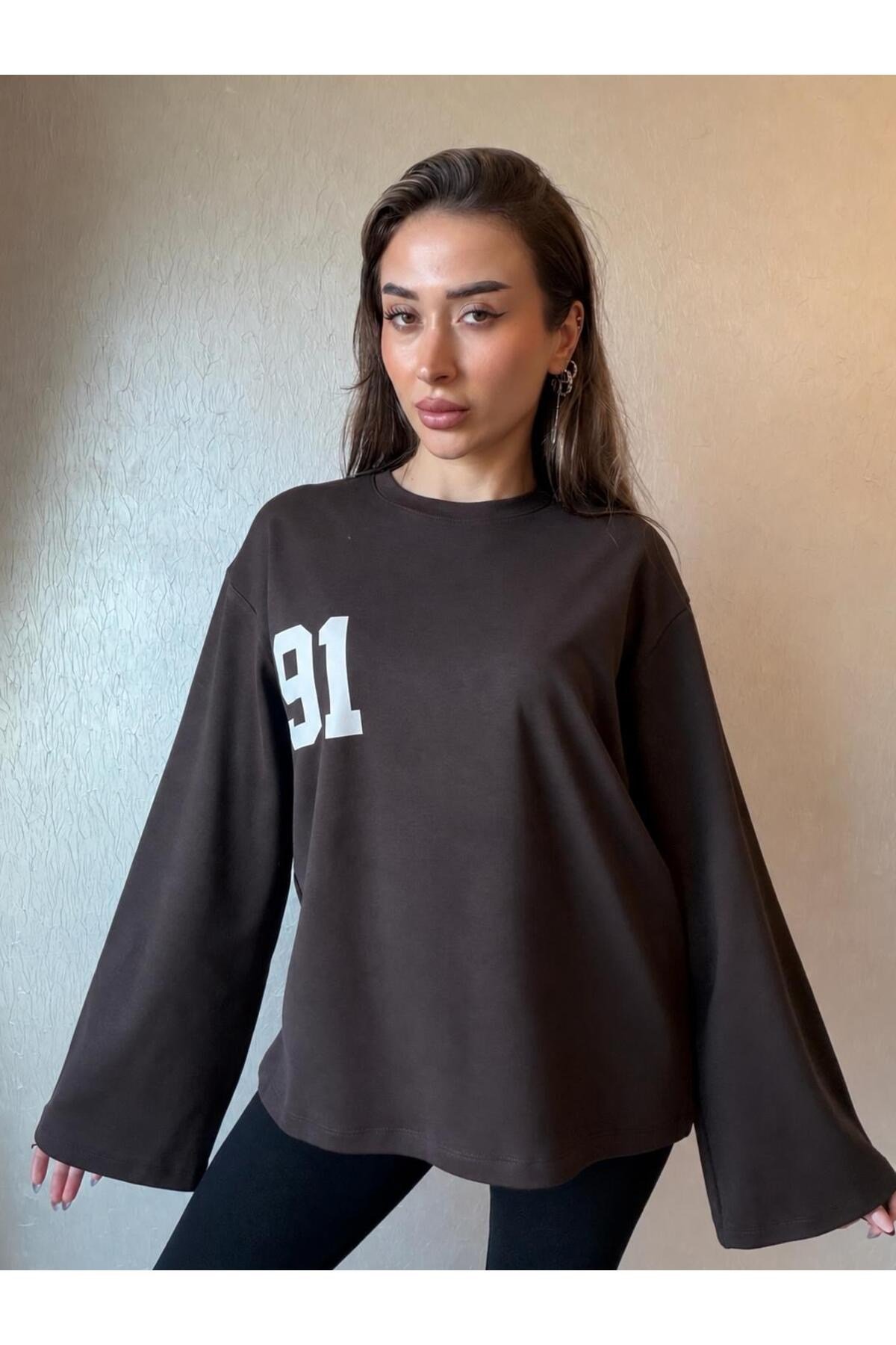 91 Baskılı Oversize Uzun Kollu Sweatshirt