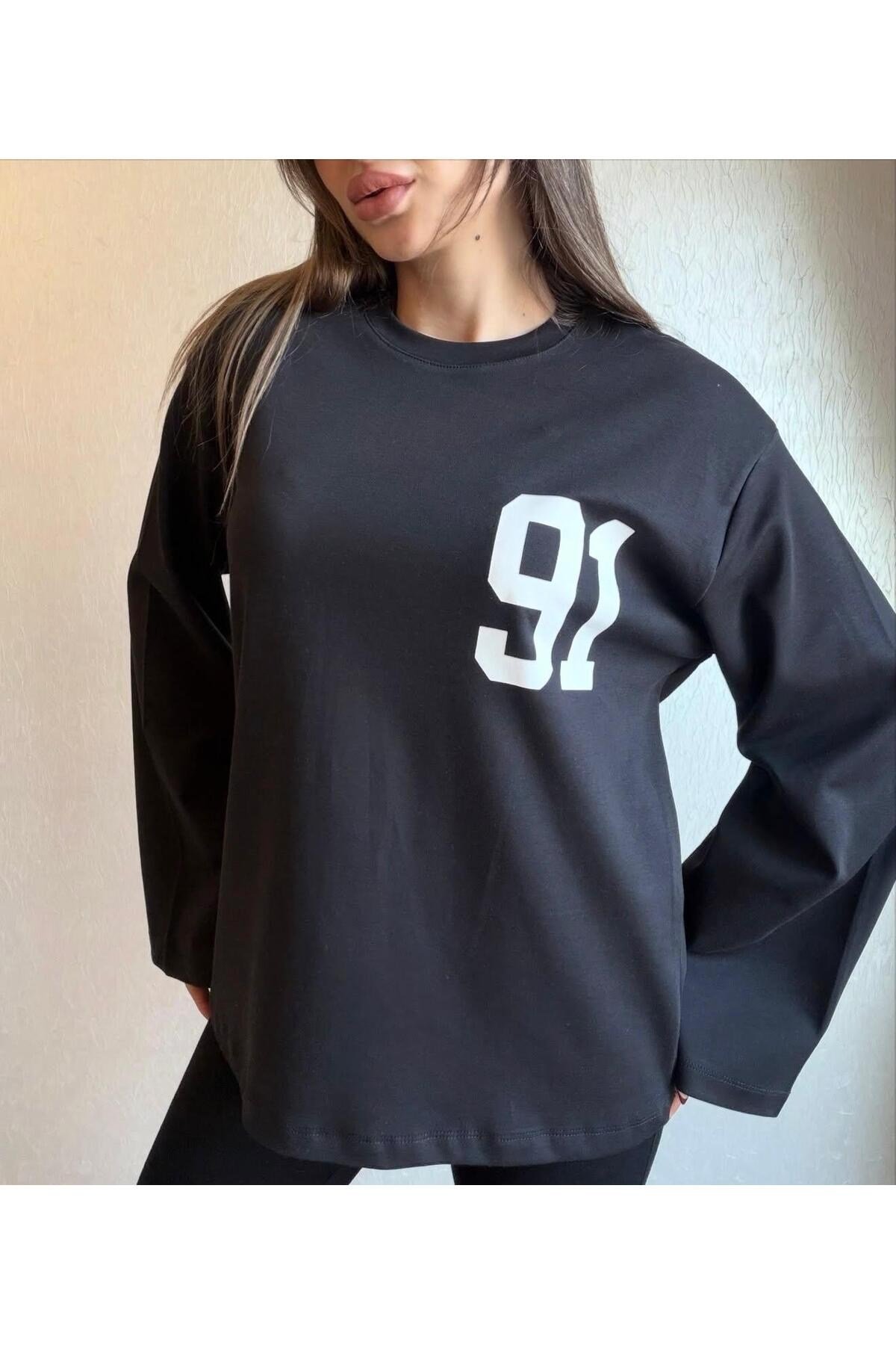 91 Baskılı Oversize Uzun Kollu Sweatshirt