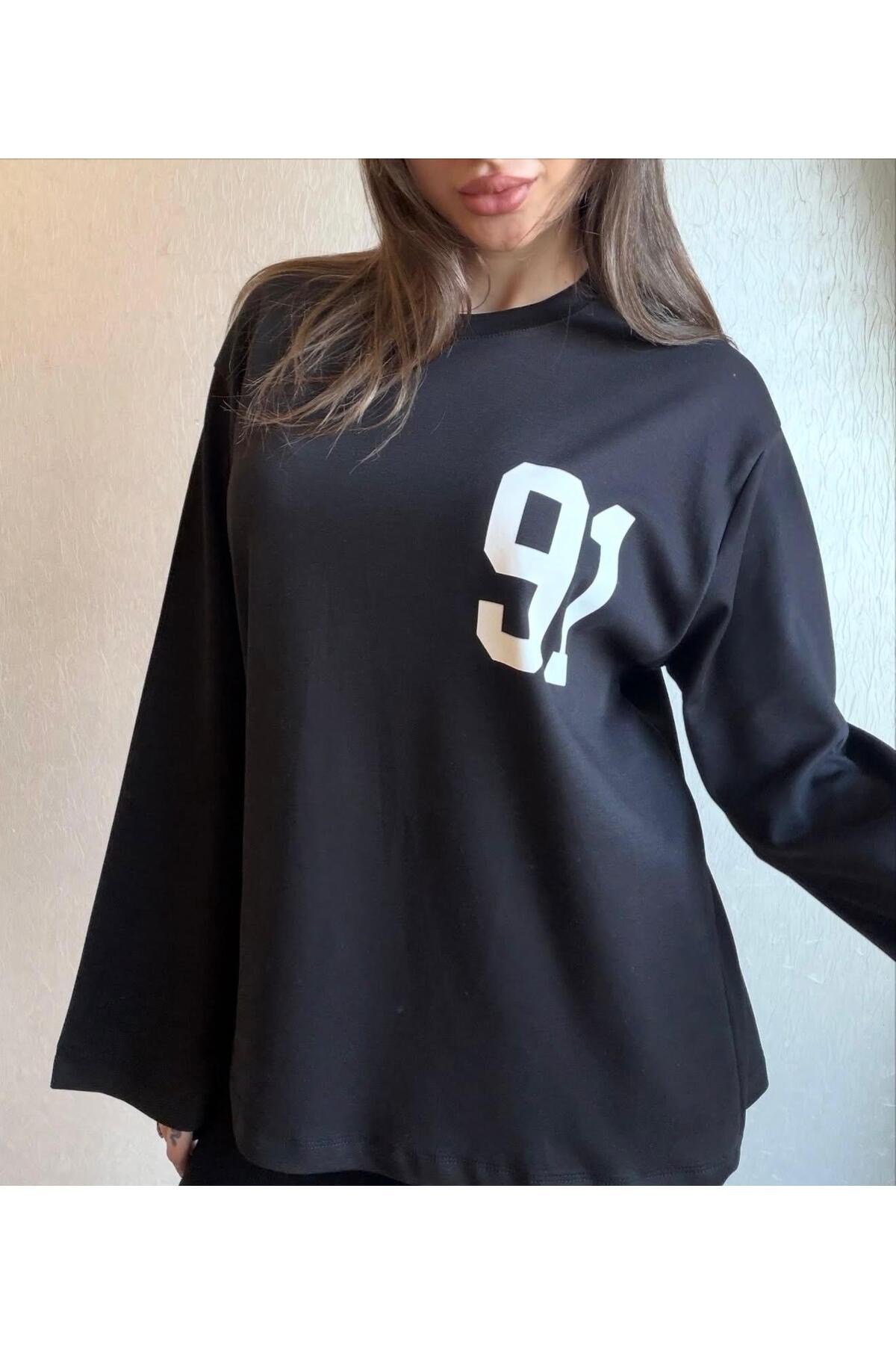 91 Baskılı Oversize Uzun Kollu Sweatshirt