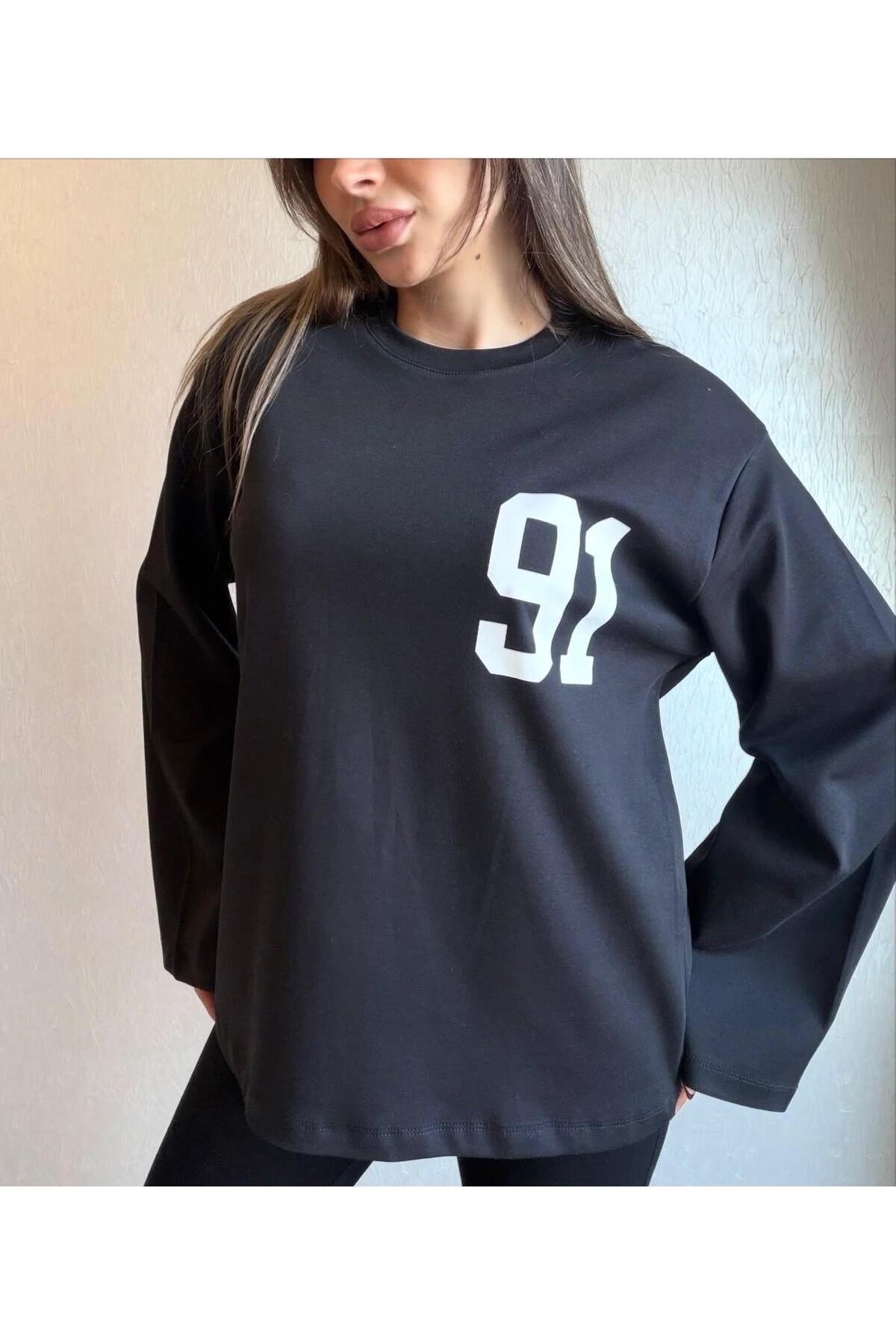 91 Baskılı Oversize Uzun Kollu Sweatshirt