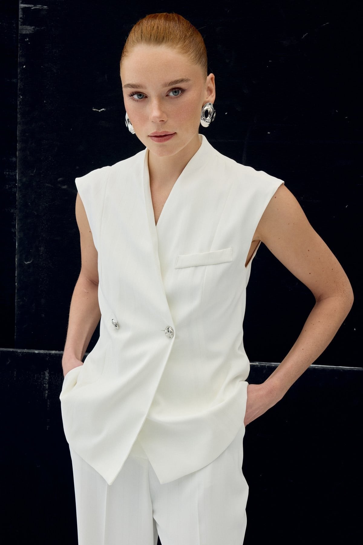 Anna Çizgili Yelek - Ekru