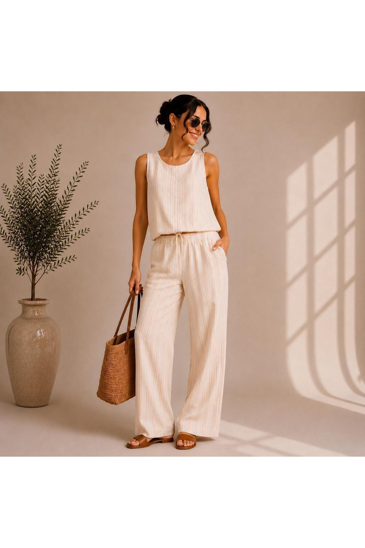 Çizgili Keten Görünümlü Crop Bluz Pantolon Takımı
