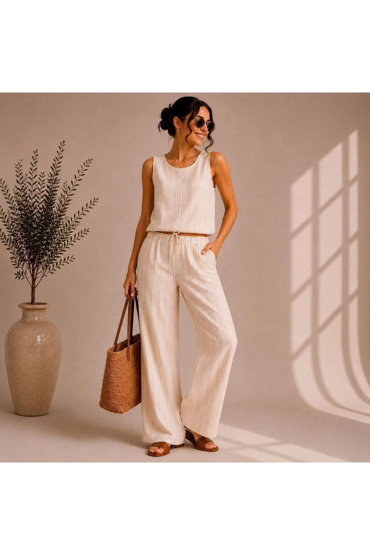 Çizgili Keten Görünümlü Crop Bluz Pantolon Takımı