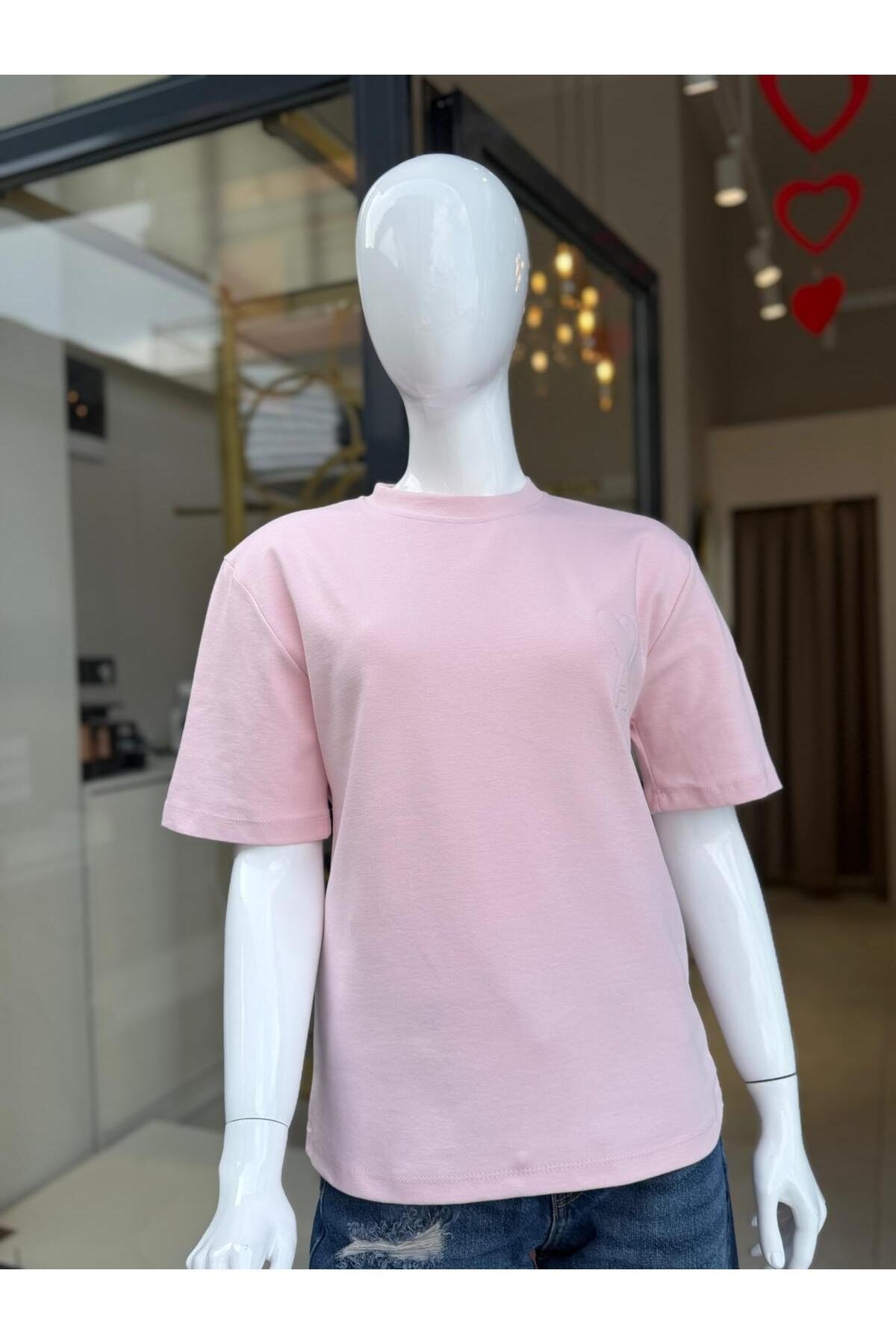 Kadın Basic Nakışlı Tişört Kısa Kollu Düz Renk Günlük Şık Tişört