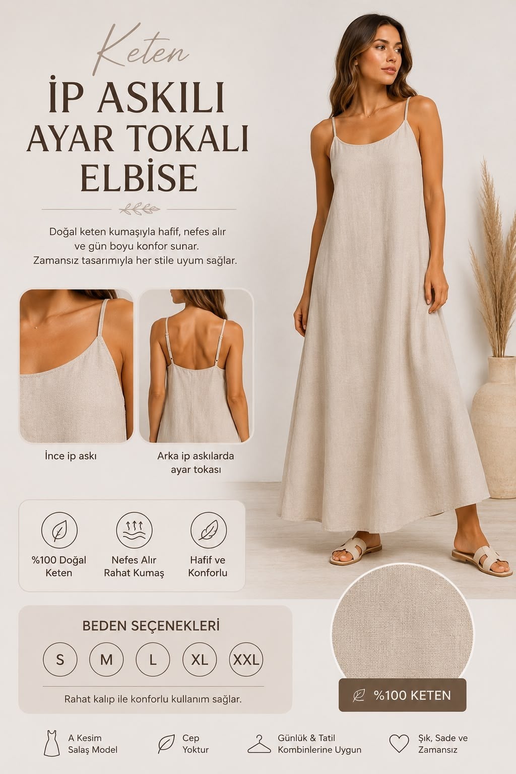 Kadın Bej Askılı Uzun Keten Görünümlü Maxi Elbise