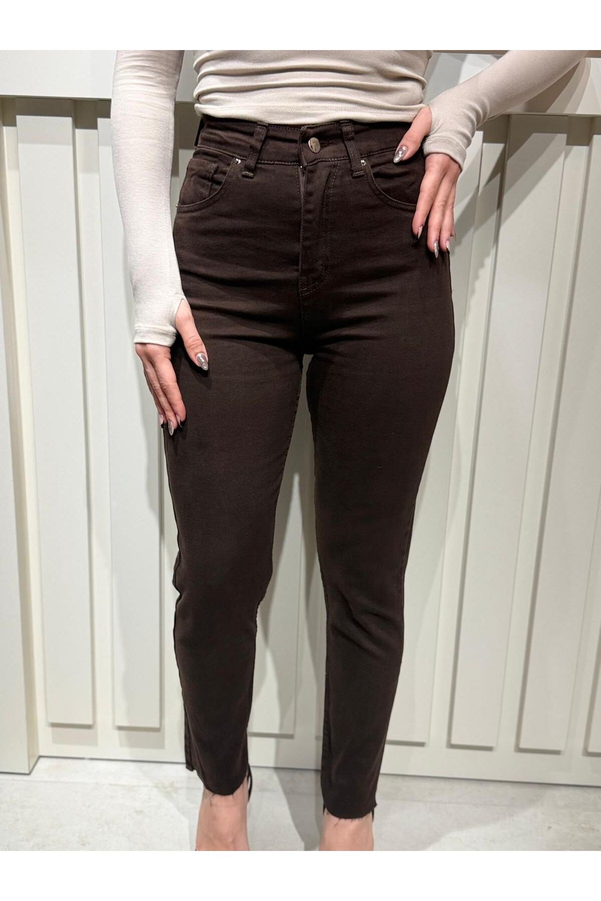 Kadın Kahverengi Yüksek Bel Skinny Fit Kot Pantolon