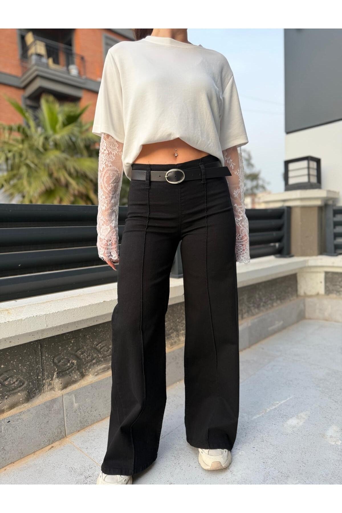 Kadın Kemerli Beli Lastikli Wide Leg Jean Pantolon Yüksek Bel Bol Paça Siyah Rahat Kesim Pantolon