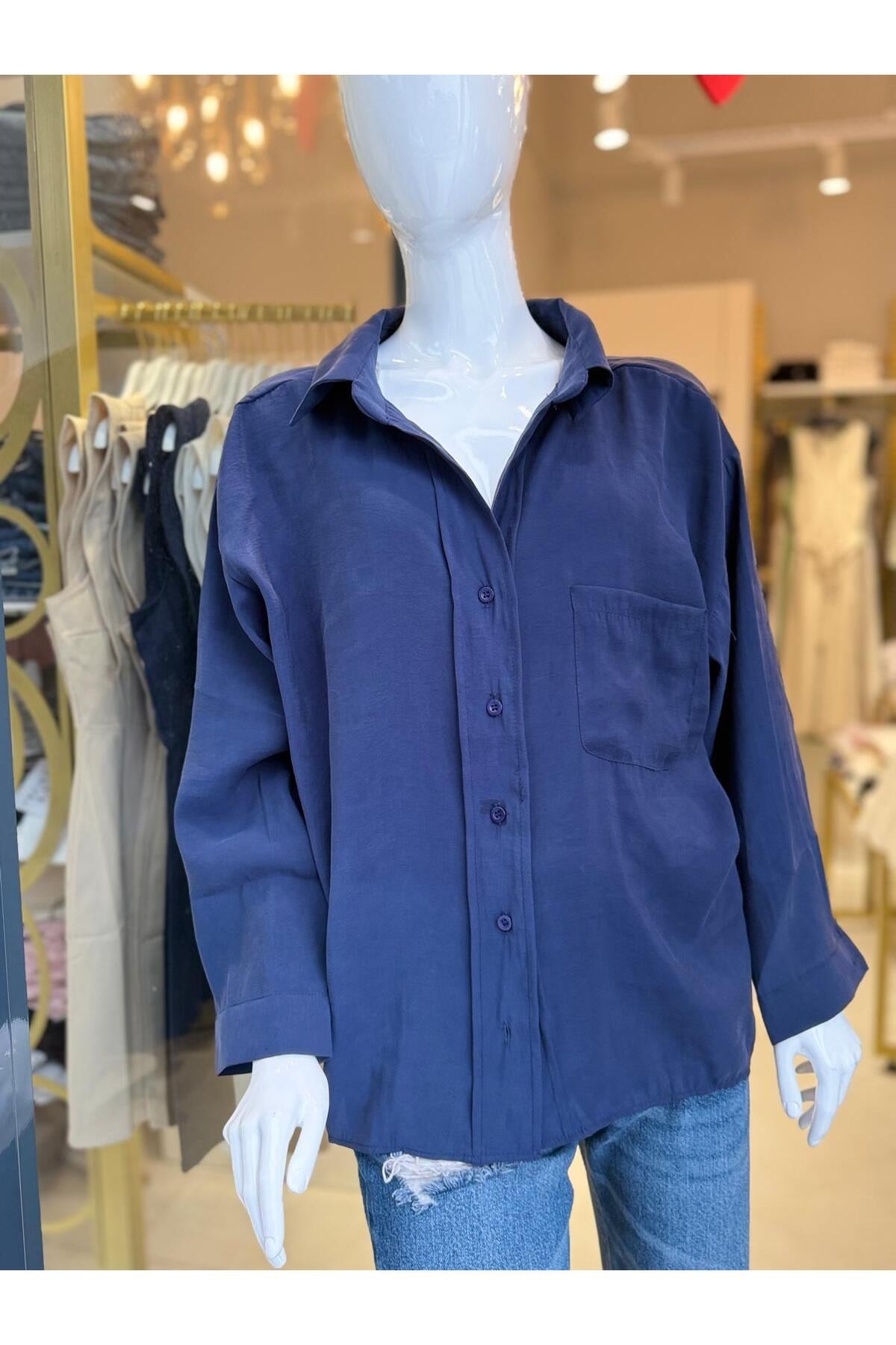 Kadın Oversize Salaş Gömlek Cepli Uzun Kollu Basic Şık Gömlek