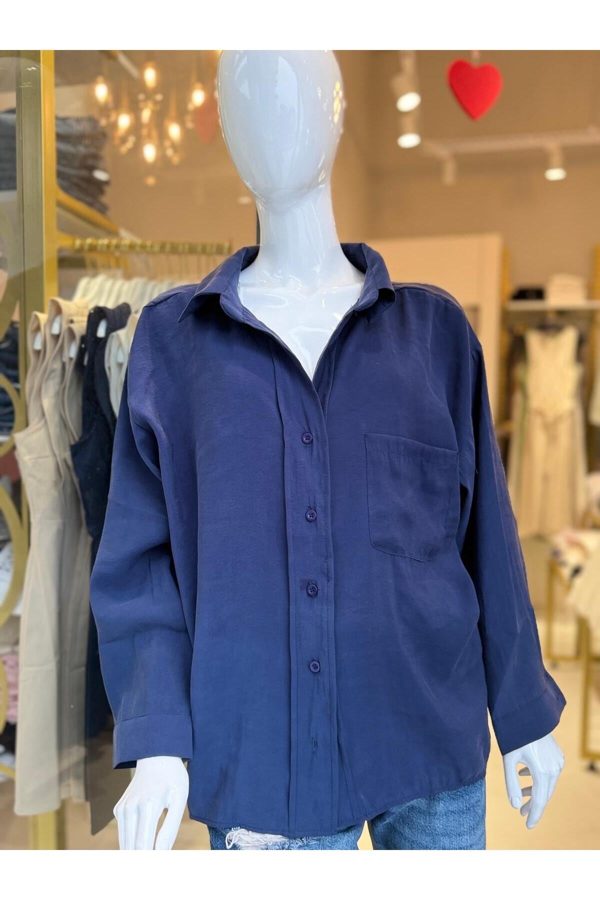 Kadın Oversize Salaş Gömlek Cepli Uzun Kollu Basic Şık Gömlek