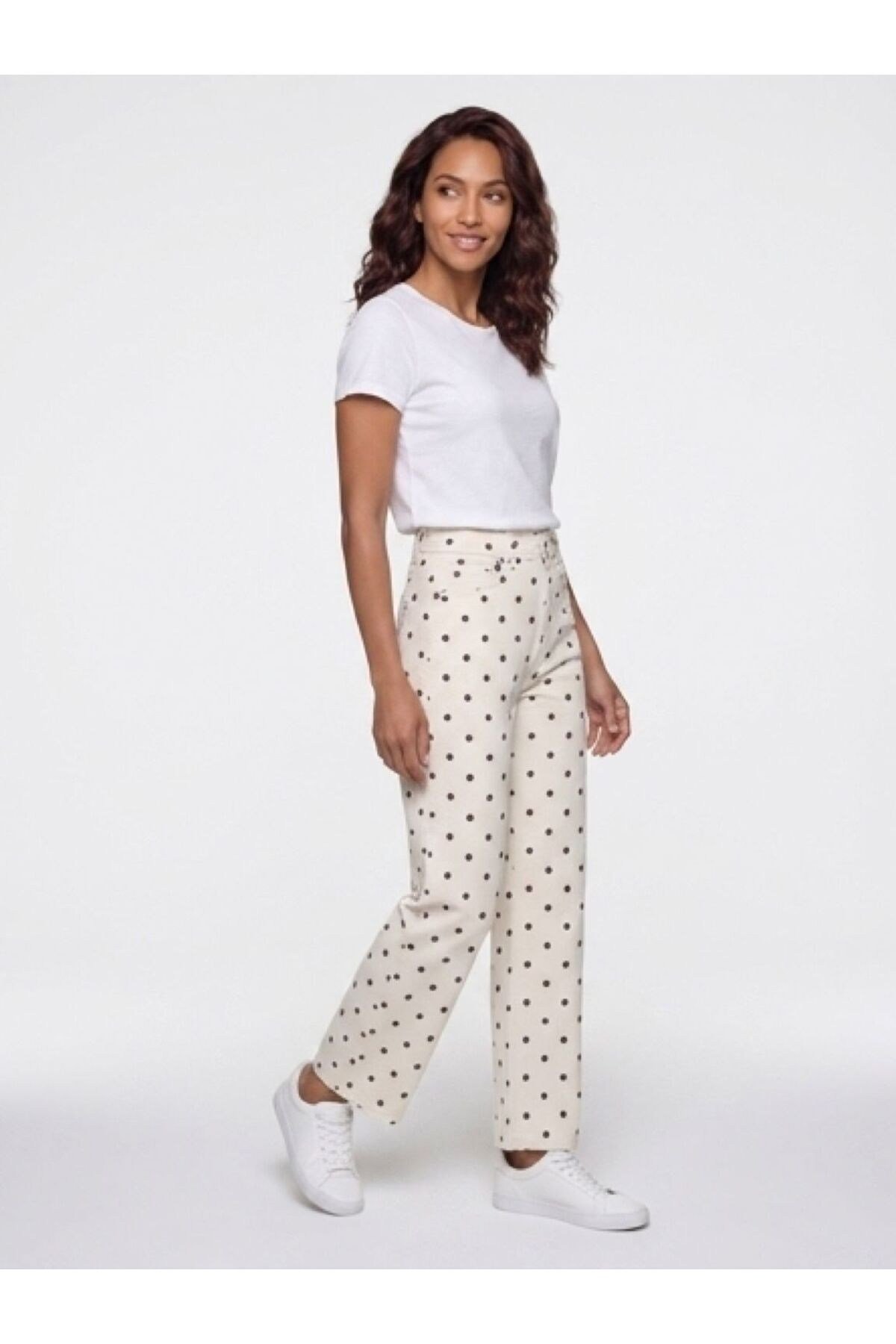 Kadın Puantiyeli Likralı Yüksek Bel Jean Pantolon