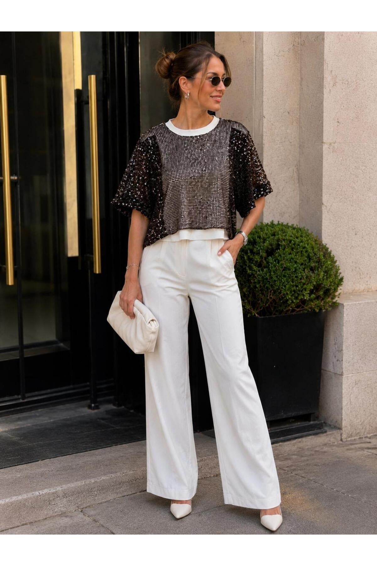 Kadın Pul Payetli Oversize Bluz