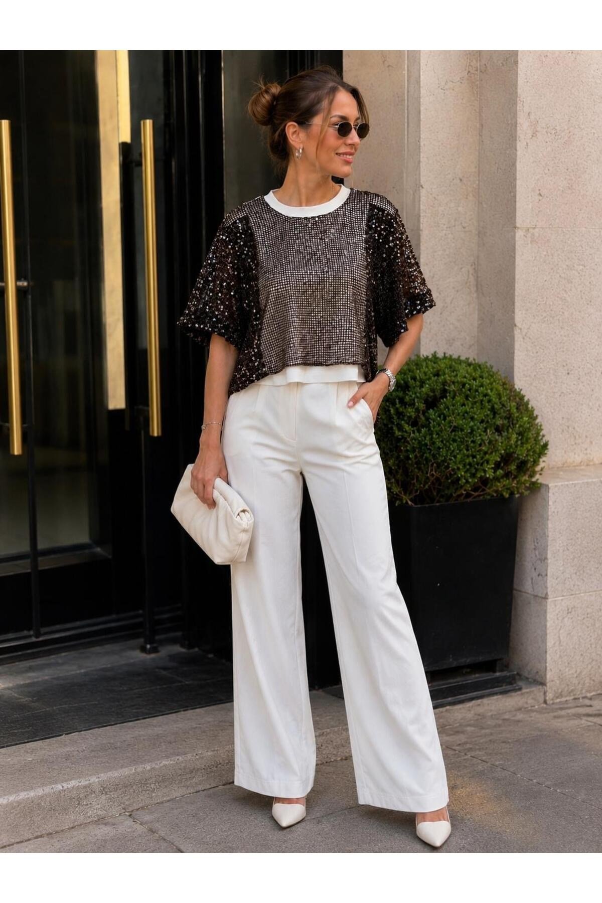 Kadın Pul Payetli Oversize Bluz