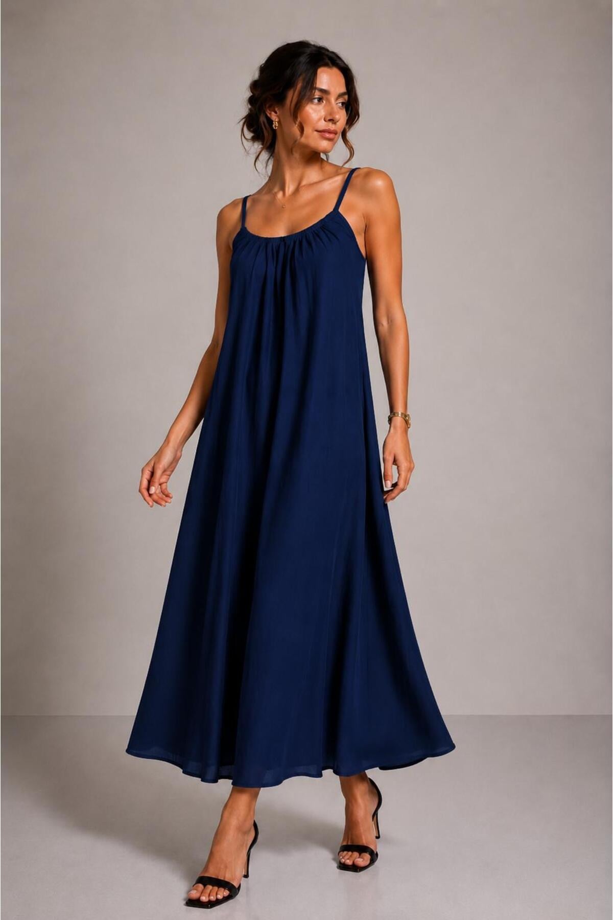 Kadın Tencel Askılı Salaş Uzun Elbise