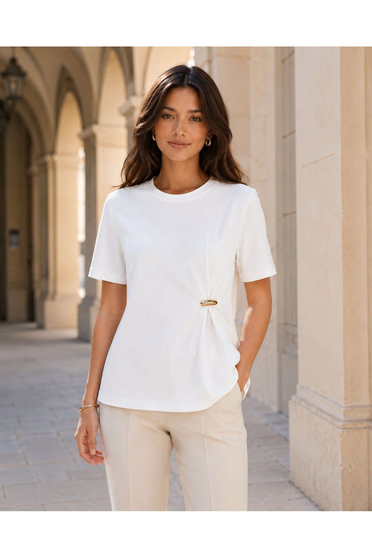 Kadın Tokalı Drape Detaylı Basic Bluz
