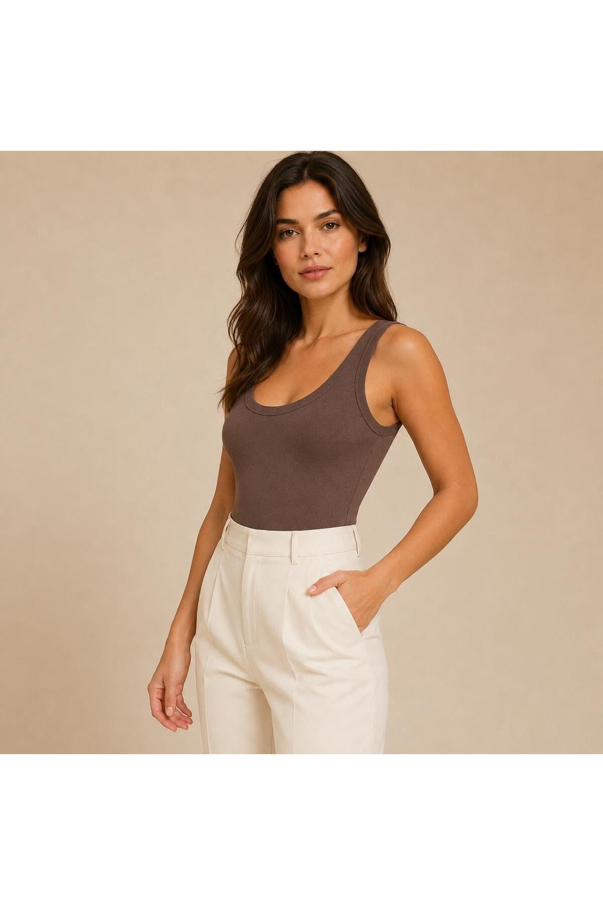 Kadın U Yaka Fitilli Bodysuit