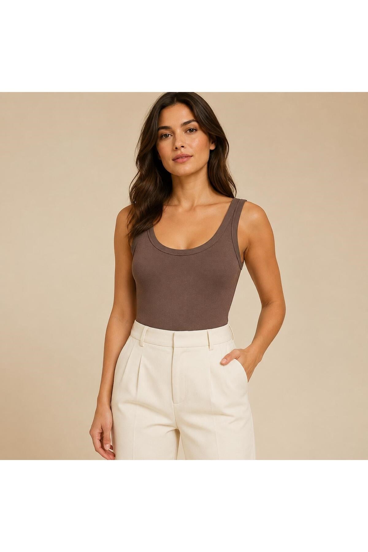 Kadın U Yaka Fitilli Bodysuit