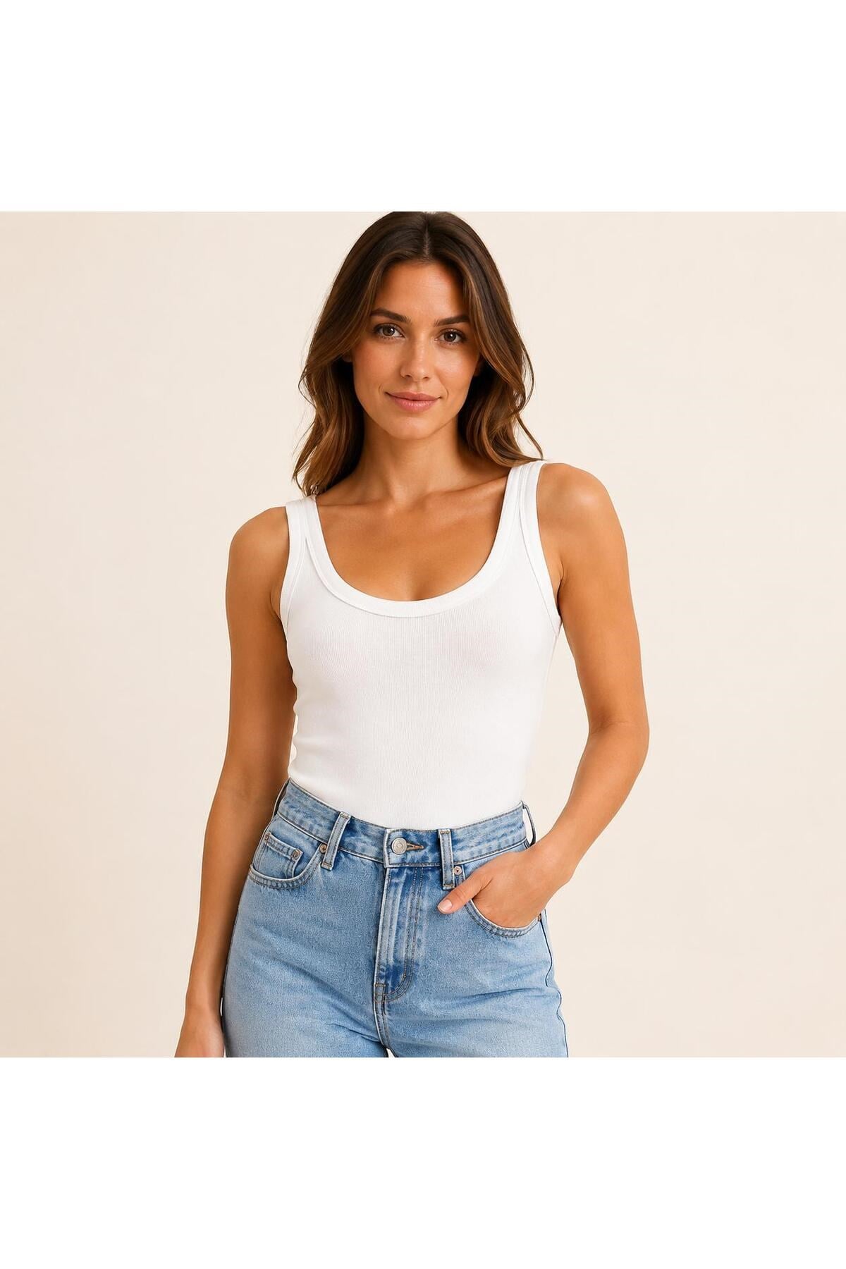 Kadın U Yaka Fitilli Bodysuit