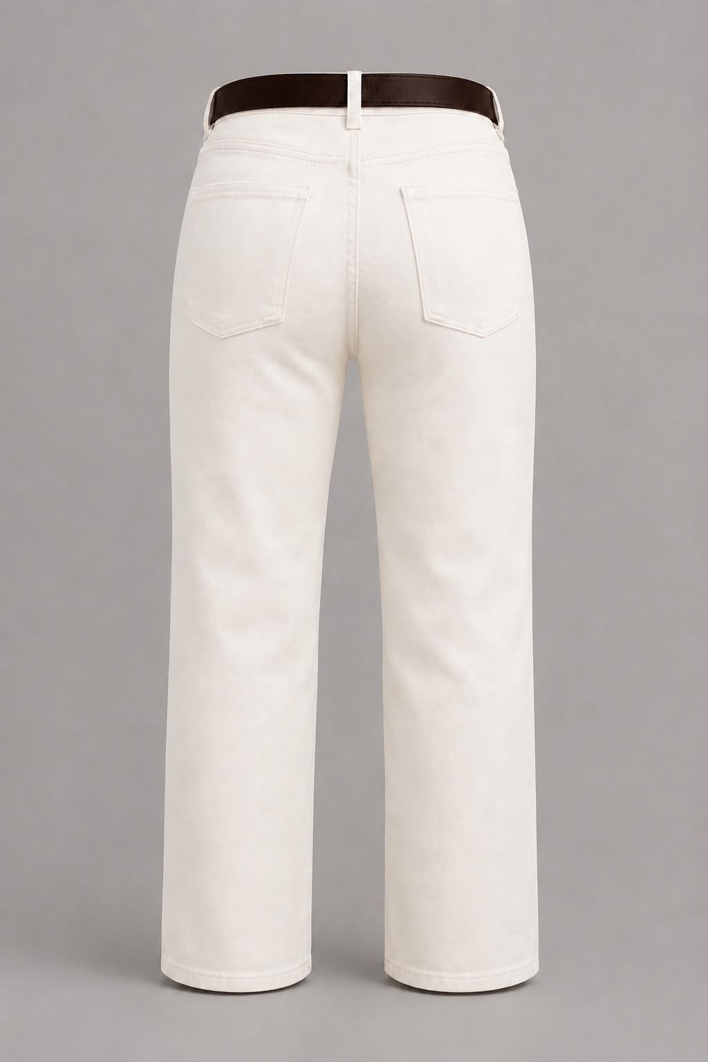 Kadın Yüksek Bel Kemerli Straight Fit Krem Jean Pantolon