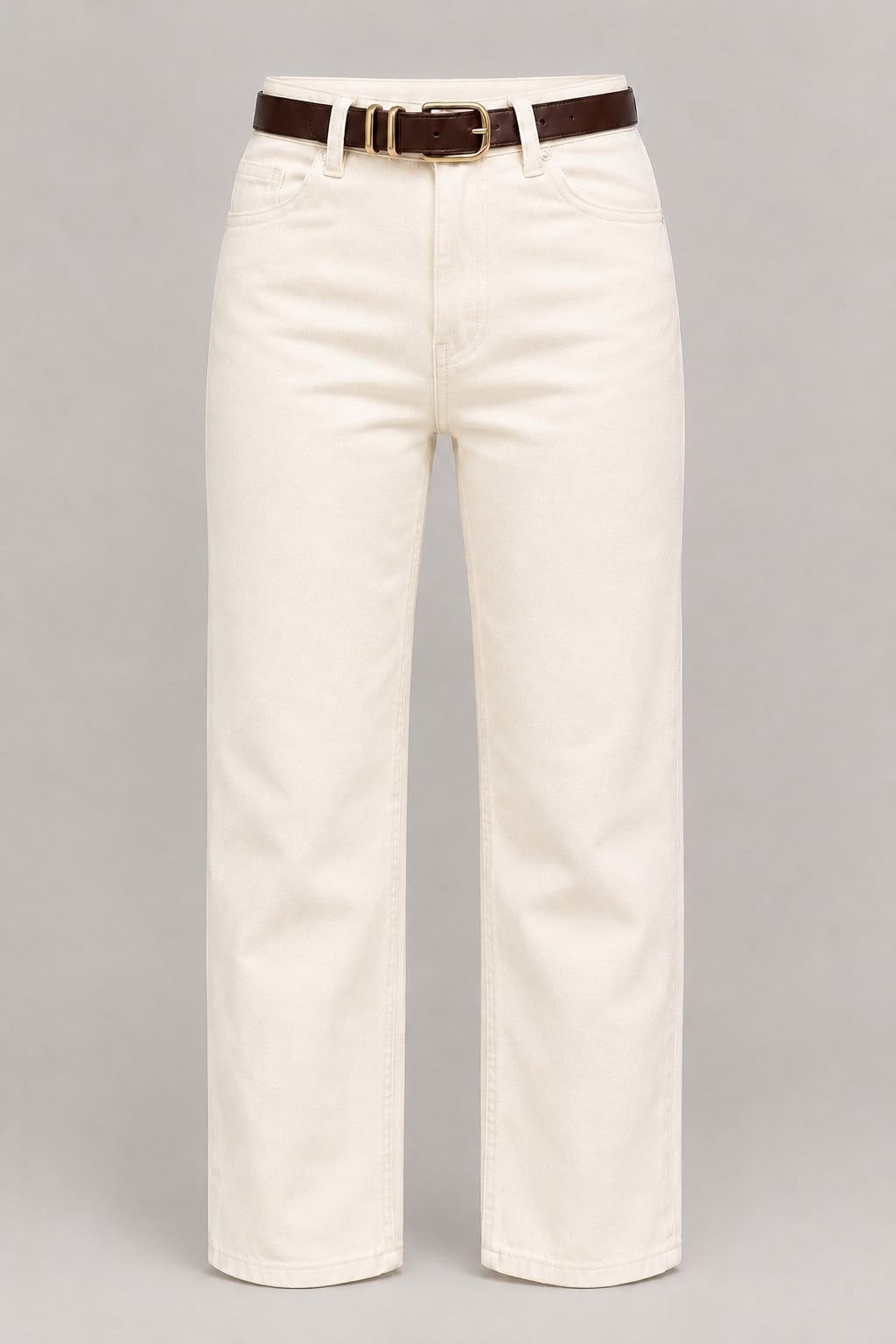 Kadın Yüksek Bel Kemerli Straight Fit Krem Jean Pantolon